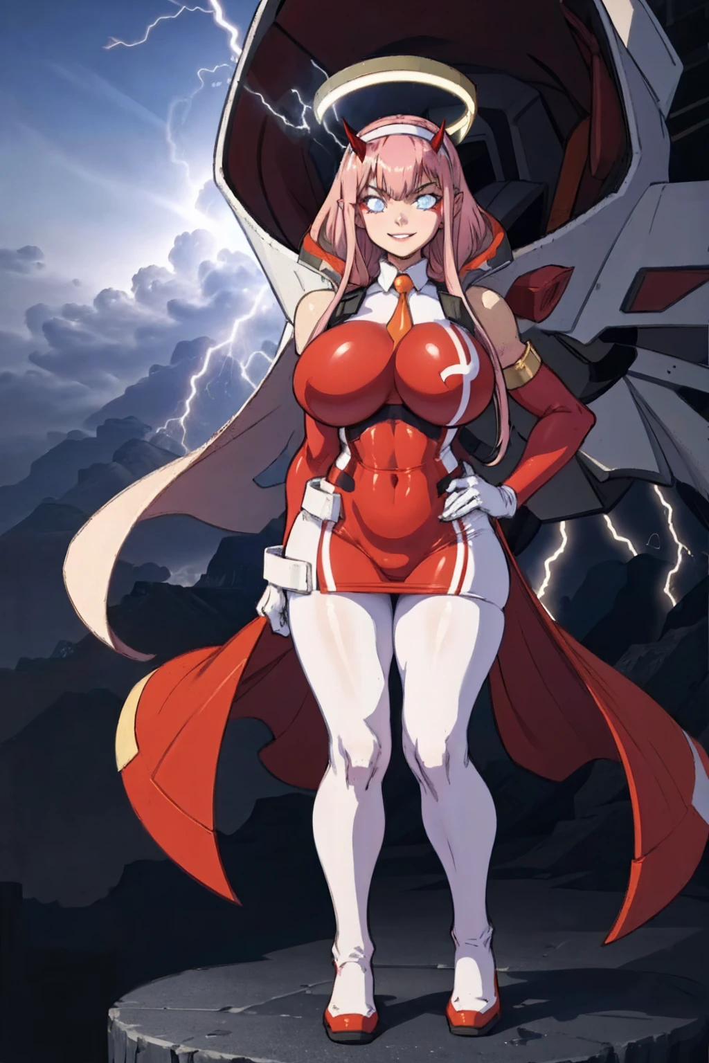 masterpiece, best quality, IncrsLowTier, electricity, glowing eyes zerotwo horns, hairband, necktie, red dress, pantyhose horns, hairband, red bodysuit, armlet, mecha horns, hairband, white bodysuit, white gloves, cap, red dress, white gloves, jacket on shoulders, pantyhose, cyber_armor body_suit,huge_breast, tall female, fulll body, sun light, smile,, sun aura,, boots, standing, smile, lips, red lips,,,{best quality}, {amazing quality} {best quality},{amazing quality},, {absurdres},{{highres}}, {very aesthetic}, {detailed}, curvy, tall, huge breast, character focus, white background,full-length portrait,, huge hips, huge muscles, huge thighs, curvaceous, venus figure,full body, full portrait, smile, happy, blue eyes ,joyfull,sun halo