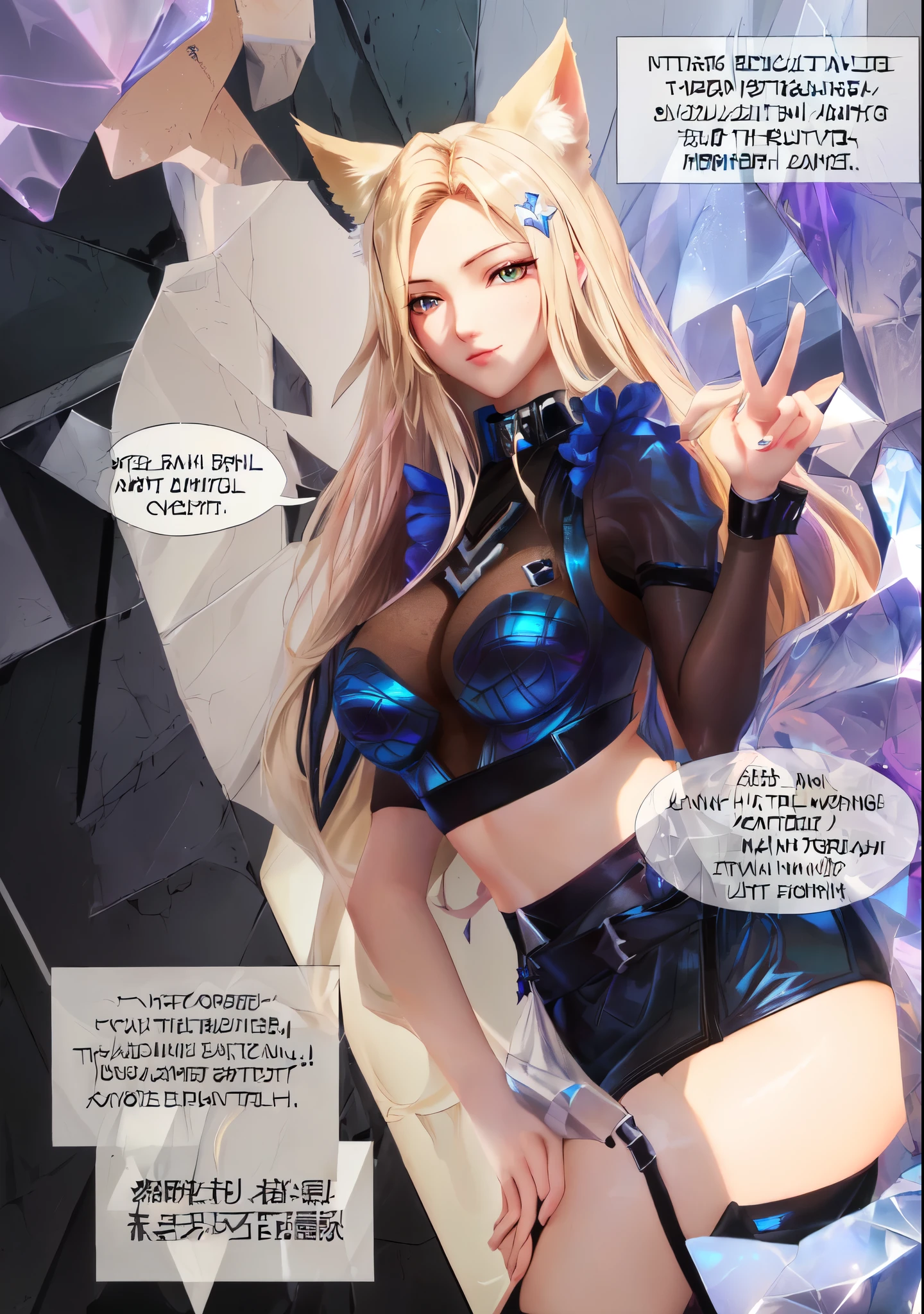 Ahri, KDA, baddest ahri, blonde, midriff, medium breasts, mini skirt, thighhighs, a cartoon picture of a woman in a black outfit and a man in a white shirt, (sfw) safe for work, fine details. girls frontline, from girls frontline, touching her clothes, android 18, azur lane style, anya from spy x family, she has blond hair, her hand is on her waist, inspired by INO, revealing clothes