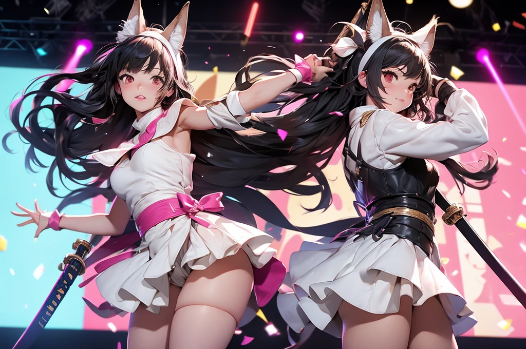 batten shoujotai,((6girls)),6idols,tween,cute,on stage,enjoy dancing for audience,fox ear hairband,black hair,white and black costume,matching outfit,2020s,japanese,
beautiful lighting, dynamic angle, photographic sharp,