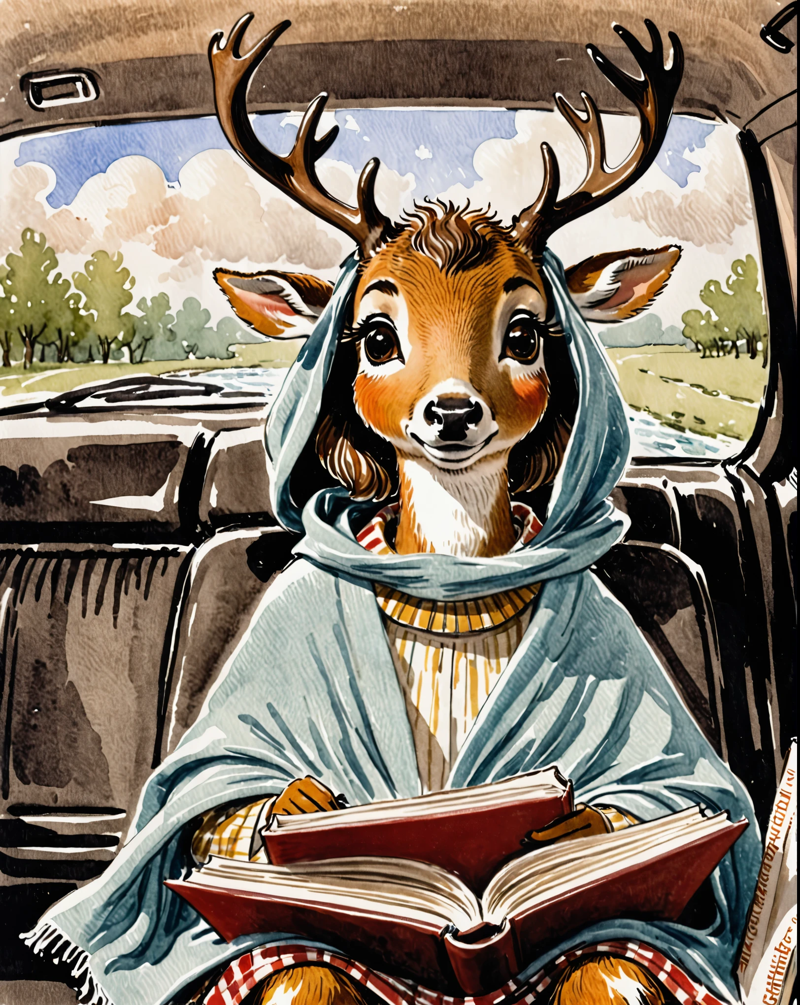 araffe in a car seat with a blanket and a book, sitting in her car, an anthropomorphic deer, beautiful cute, holding it out to the camera, adorable, casually dressed, aww, watery doe eyes, painfully adorable, extremely cute, incredibly cute, super adorable, anthropomorphic deer, antlers on her head
, sketch of a lucid dream, Randolph Caldecott Style
