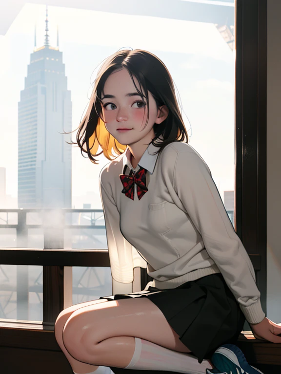 A swedish, American,  german, young woman, 20yo, downtown, in large metropolis, collared shirt, sweater, pleated skirt, chuck taylor shoes, smirk  ((heavy gaussian blur)), ((soft lighting)), (((extremely hazy:1.2))),, (extremely bright), (dreamy atmosphere), bright vivid colors, 