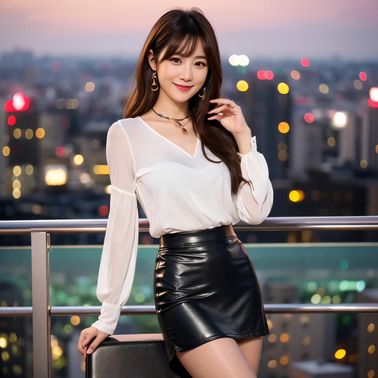 A beautiful woman similar to Chinatsuki Wakatsuki、8k、32k、Very delicate face, Skin and Hair、White blouse with tight skirt、Full Body Shot、Muscular legs in bright red high heels、necklace、Great style、Semi-long hair、Brown hair almost black、Cute Smile、Tokyo at night in the background、Beautiful woman、((Wearing a tight black leather skirt))、