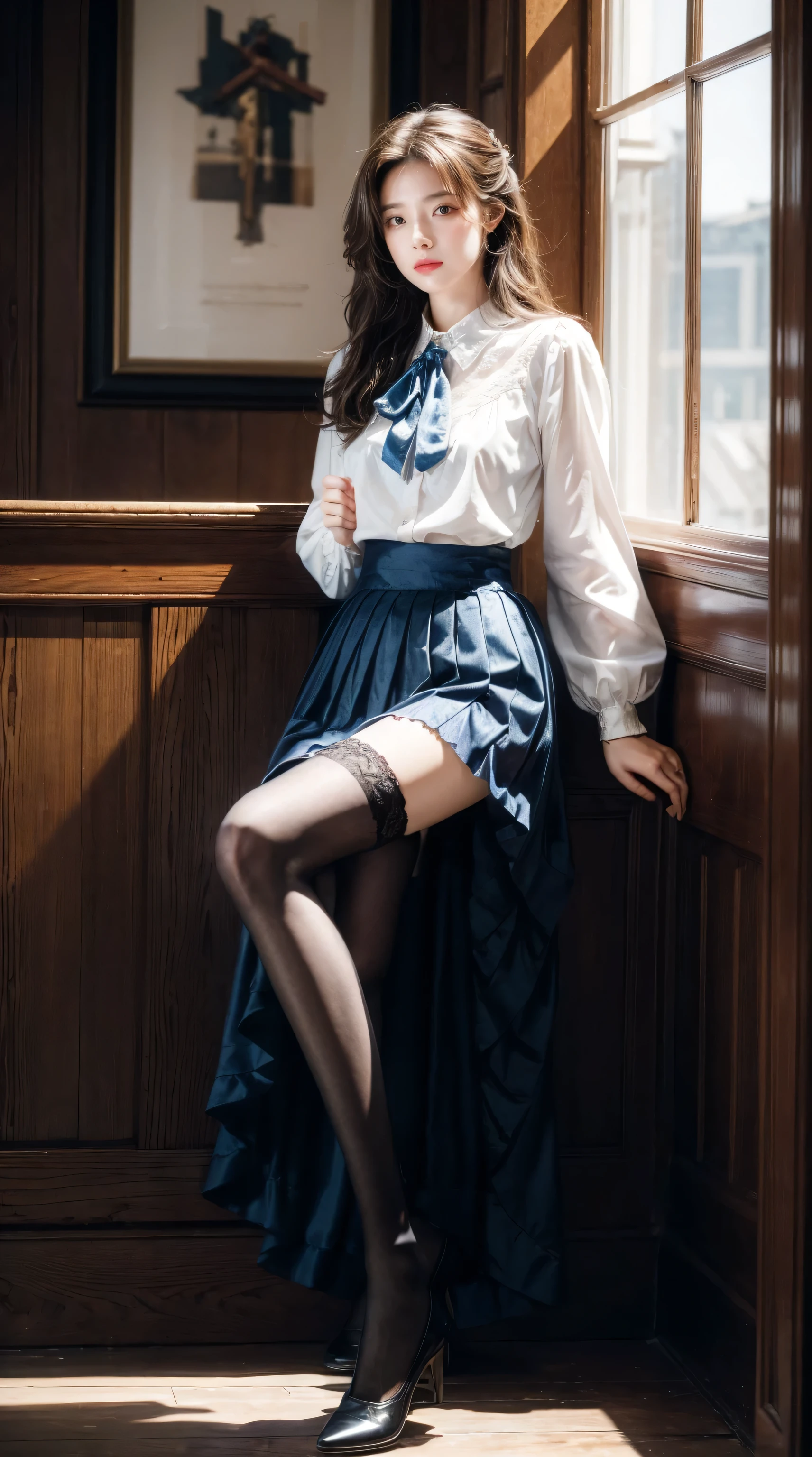 (masterpiece, best quality:1.2), Cowboy shooting, Solitary, 1 Girl, Charlotte Olin, Expressionless, Shut up, looking at vewer, Ascot, Capulet, skirt, blue stockings