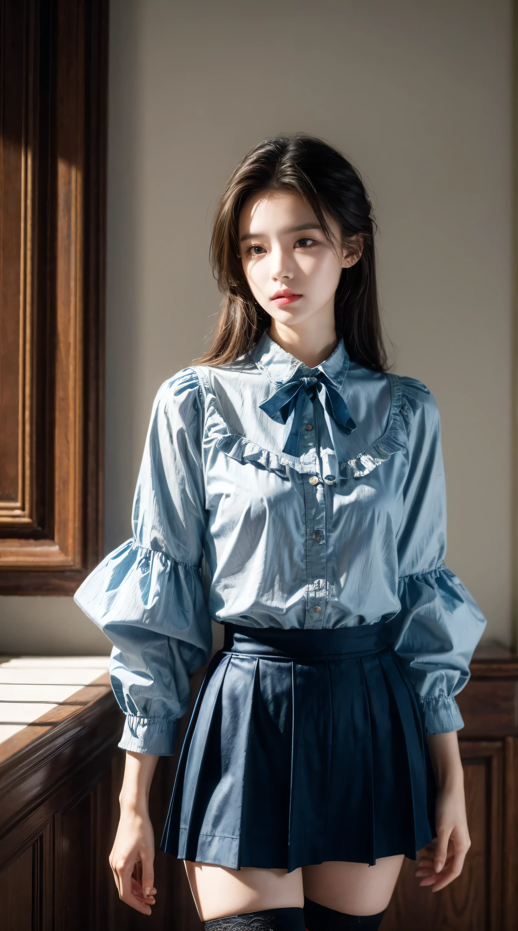 (masterpiece, best quality:1.2), Cowboy shooting, Solitary, 1 Girl, Charlotte Olin, Expressionless, Shut up, looking at vewer, Ascot, Capulet, skirt, blue stockings