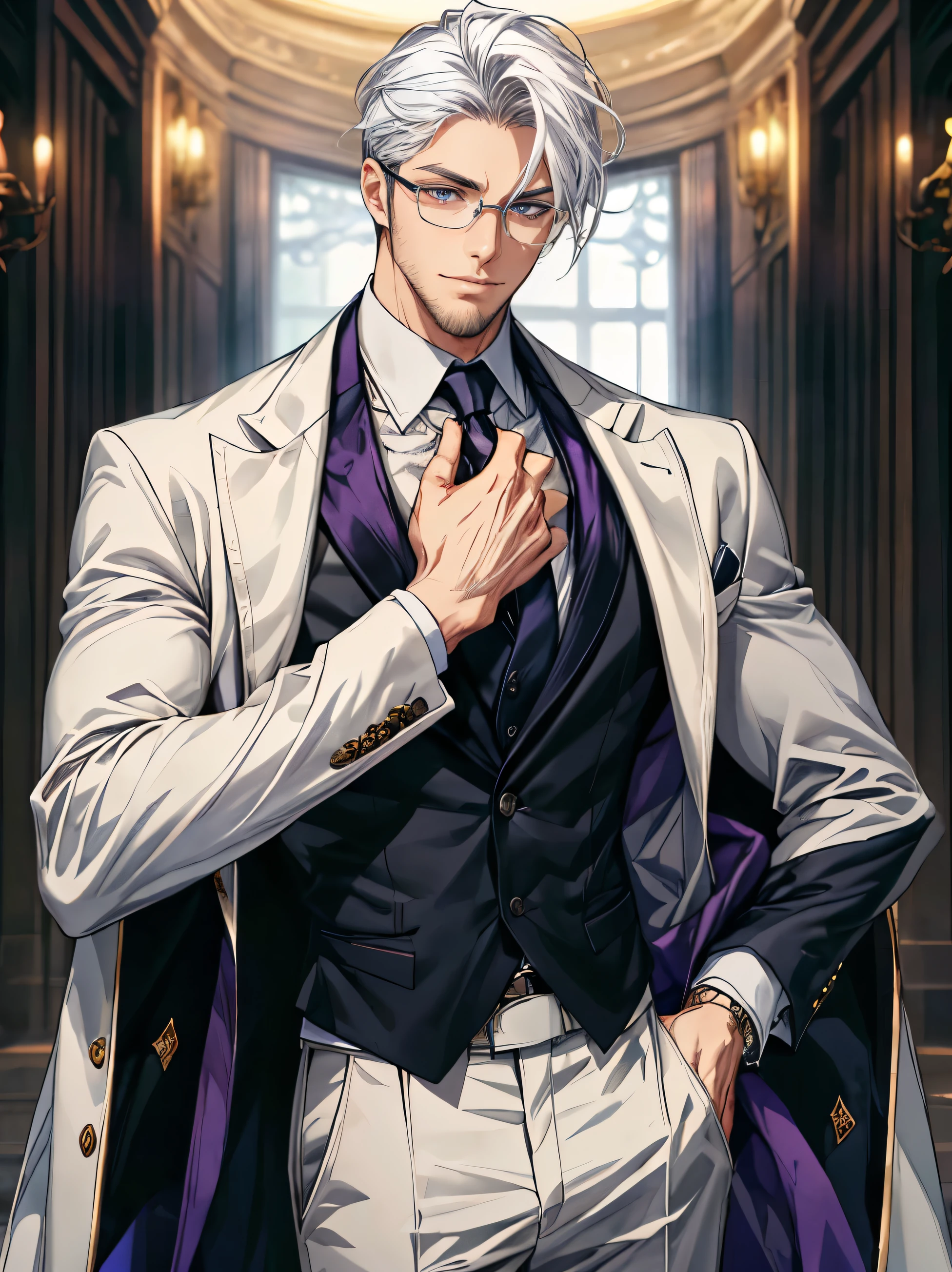 (expression:gentle)、(Mouth:Smile)、(Eyes looking into the camera),uncle,middle aged male tall,masterpiece, best quality, lifelike, 1 boy, alone, male focus, looking at the audience, , (beard:goatee),An attractive and refined man with white hair, dressed in a sleek white suit, and paired with purple eyes that seem to peer into one's soul, sportive glasses that add a scholarly touch to his demeanor. His tall and lean figure is both commanding and graceful, exuding an aura of professionalism and approachability. Despite his powerful psychological abilities, he remains ethical and uses his skills to help others.