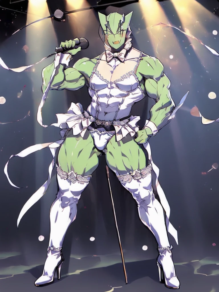 one person、male、maleの体格、Green Skin、masterpiece、highest quality、(((Revealing white lace underwear)))、garter belt、Knee-high socks、High heel pumps、Idol costume with ribbons and frills、Stage background、Sexy dance、High heel pumps、Singing with a microphone、cute