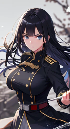 Japanese sword、Samurai sword、whole body、White one-piece military uniform、 Jet black hair,(Tabletop:1.2, highest quality), (beautiful, fine grain: 1.2), (Detailed Background,Dark fantasy), (beautifully detailed face), High Contrast, (Best lighting, とても繊細でbeautiful), ((Cinematic Light)), colorful, Hyper Detail, Dramatic Light, Intricate details,とてもblue eyes, Shining Eyes, Long hair blowing in the wind、Big ample breasts、Belt under the chest、White military uniform, skirt, Big ample breasts, Long hair blowing in the wind, sword, Jet black hair, blue eyes, Black tie, Belt under the chest, 真swordな表情,