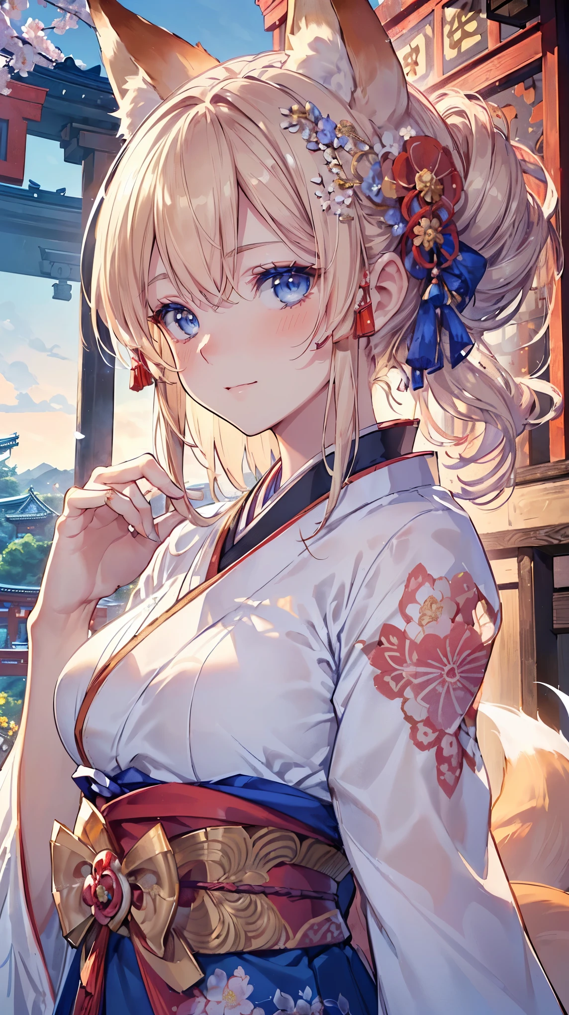 (((Masterpiece))), (((Highest quality))), ((Ultra-detailed)), ((Super fine illustration)), ((Ultra-fine painting)), (16K highest quality wallpaper:1.4), (Upper body:1.6), HDR, (Highly detailed and delicate illustration style:1.8), Detailed skin texture, Detailed cloth texture, Extreme detailed description, (T-masterpiece), (Highly detailed face:1.2), (Highly detailed fox ears:1.2), (Highly detailed shiny golden brown half updo:1.2), (Highly detailed clear blue eyes:1.2), Original, RAW photo, Professional, Intricate details, Super details, Direct light:1.6, (Perfect anatomy:1.4), (Highly detailed hands:1.2), (Highly detailed fingers:1.2), (Highly detailed fingertips:1.2), (27-years-old), Real, (Solo:1.8), ((A very beautiful and attractive fox fashion model with blue eyes wearing a bright red furisode with a floral pattern:1.4)) BRAKE (Beautiful and adorable fox ears:1.6), (Highly detailed and delicate fox ears:1.4), (Beautiful and well-shaped big breasts:1.2), (Beautiful and well-shaped buttocks), (Beautiful and shiny golden brown half updo:1.4), (Highly detailed and delicate golden brown half updo:1.2), (Beautiful clear blue eyes that shine with great detail:1.6), (Highly detailed and delicate blue eyes:1.2), (Highly detailed face:1.4), (Smile:1.5), (Blush:1.4), (Looking at viewer:1.4), (Celebration:1.4) BRAKE (Bright red furisode with floral pattern:1.4), (Japanese traditional costume:1.2) BRAKE (Concept art:1.2), (Detailed fantasy art:1.2) BRAKE (Highly detailed and delicate Ise Grand Shrine in Mie Prefecture in the background just after noon in spring:1.6), (Celebration:1.4), Ise Grand Shrine:1.4, Torii gate of Ise Shrine:1.4, Very beautiful in the sunny sky background just after noon:1.4 BRAKE 
