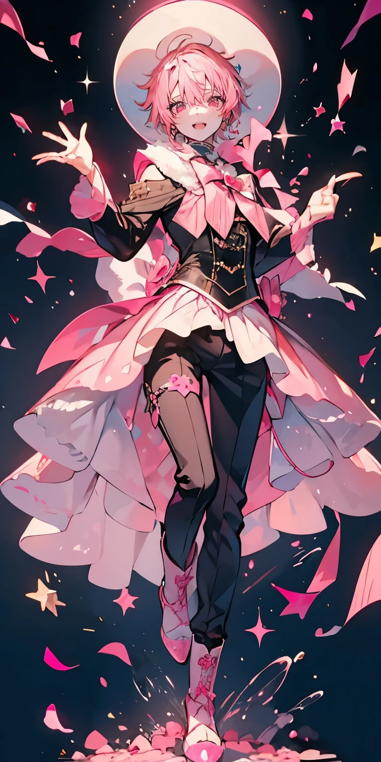 (Mastepiece), (Best Quality), Very detailed, ((1 boy)), Perfect Face, Beautiful Face, Very detailedな顔,((Pink Hair_short hair_Pink eyes:1.3)),Full body photography、Male solo idol、boots、(Half pants:1.2)、Hold the microphone、Concert Dome、Lots of confetti、(smile:1.4)、(Open your mouth wide)、sing、dance、Wink、Laser light