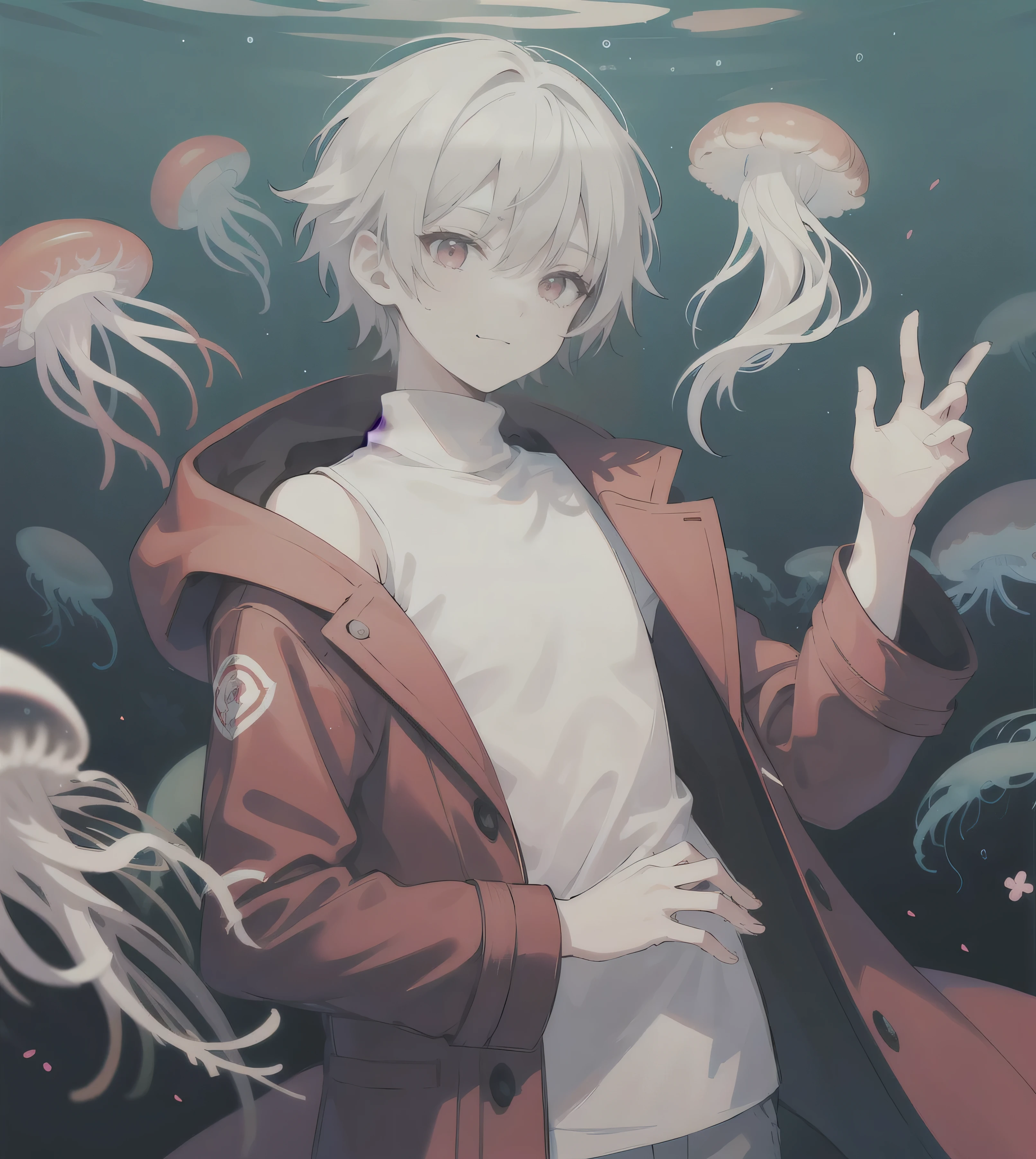 Boy with short white hair and red eyes , white turtleneck , red shoulder coat , Dazed face, slight smile , jellyfish background , Head-waist