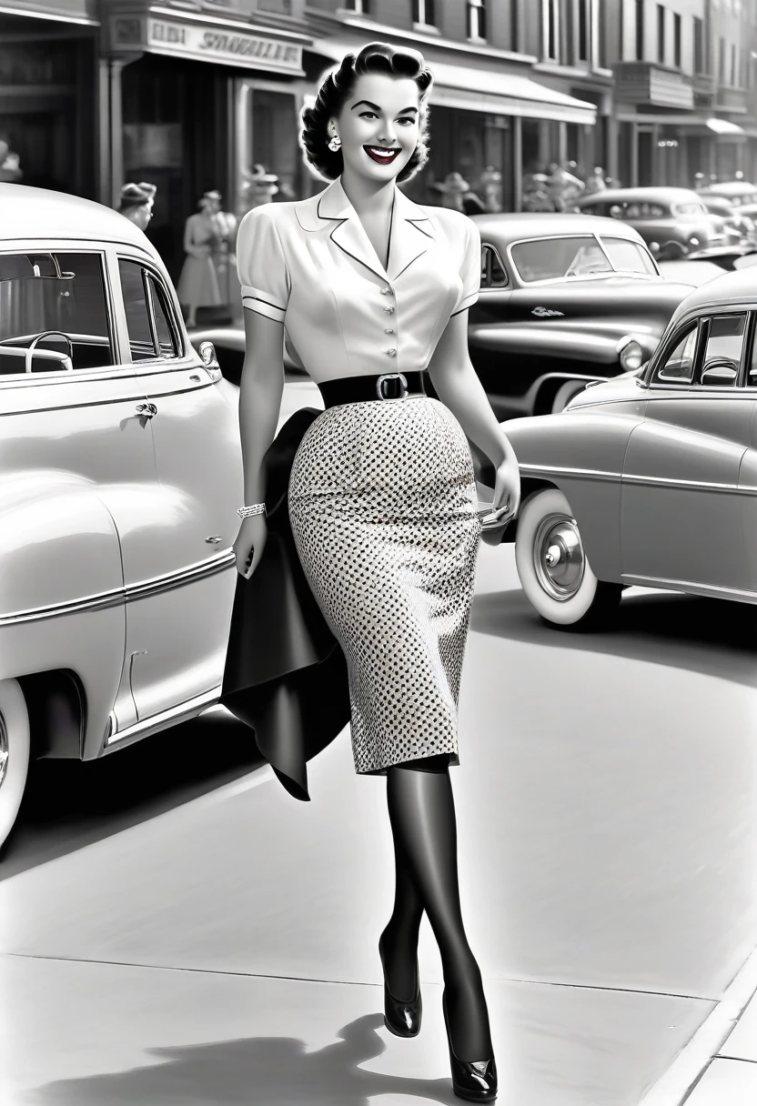 In a lively street scene from the 1950s, a stunning woman is crossing the street, (((wearing a knee-length skirt))) that accentuates her curves, and a form-fitting blouse that highlights her ample bosom, supported by a bullet bra, (((The seams of her alluring stockings draw attention))) as she smiles over her shoulder in response to a whistle from behind. The woman embodies a classic pin-up figure, with a dazzling smile and confident demeanor. Her hair is perfectly styled, complemented by matching accessories like earrings and a necklace. As she crosses the street, her skirt lifts slightly in the breeze, further accentuating her feminine contours. In the background of the street scene, additional pedestrians and classic cars contribute to the ambiance of the 1950s. The scene exudes charm and elegance, with the woman confidently and coquettishly displaying her beauty. This image captures the timeless glamour and flirtatious atmosphere of the 1950s. The scene evokes a nostalgic mood, perfectly encapsulating the beauty and dynamics of the era. The viewer is transported to a bygone era of style and elegance, with the woman's seductive allure taking center stage, from behind, wideankle shot, (view from behind:1.5),(whole person:1.5), vintage_p_style

