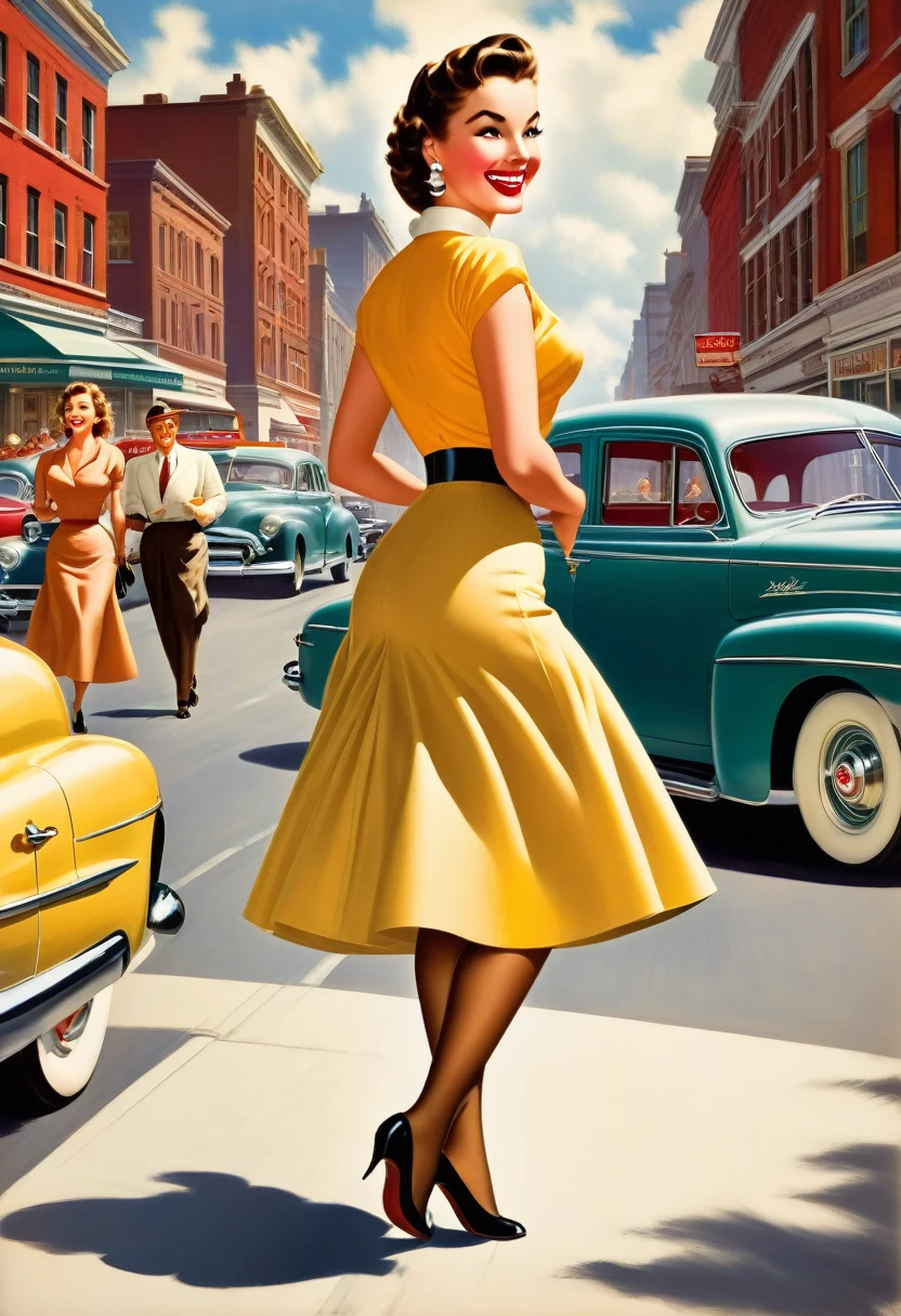 In a lively street scene from the 1950s, a stunning woman is crossing the street, (((wearing a knee-length skirt))) that accentuates her curves, and a form-fitting blouse that highlights her ample bosom, supported by a bullet bra, (((The seams of her alluring stockings draw attention))) as she smiles over her shoulder in response to a whistle from behind. The woman embodies a classic pin-up figure, with a dazzling smile and confident demeanor. Her hair is perfectly styled, complemented by matching accessories like earrings and a necklace. As she crosses the street, her skirt lifts slightly in the breeze, further accentuating her feminine contours. In the background of the street scene, additional pedestrians and classic cars contribute to the ambiance of the 1950s. The scene exudes charm and elegance, with the woman confidently and coquettishly displaying her beauty. This image captures the timeless glamour and flirtatious atmosphere of the 1950s. The scene evokes a nostalgic mood, perfectly encapsulating the beauty and dynamics of the era. The viewer is transported to a bygone era of style and elegance, with the woman's seductive allure taking center stage, from behind, wideankle shot, (view from behind:1.5),(whole person:1.5), vintage_p_style

