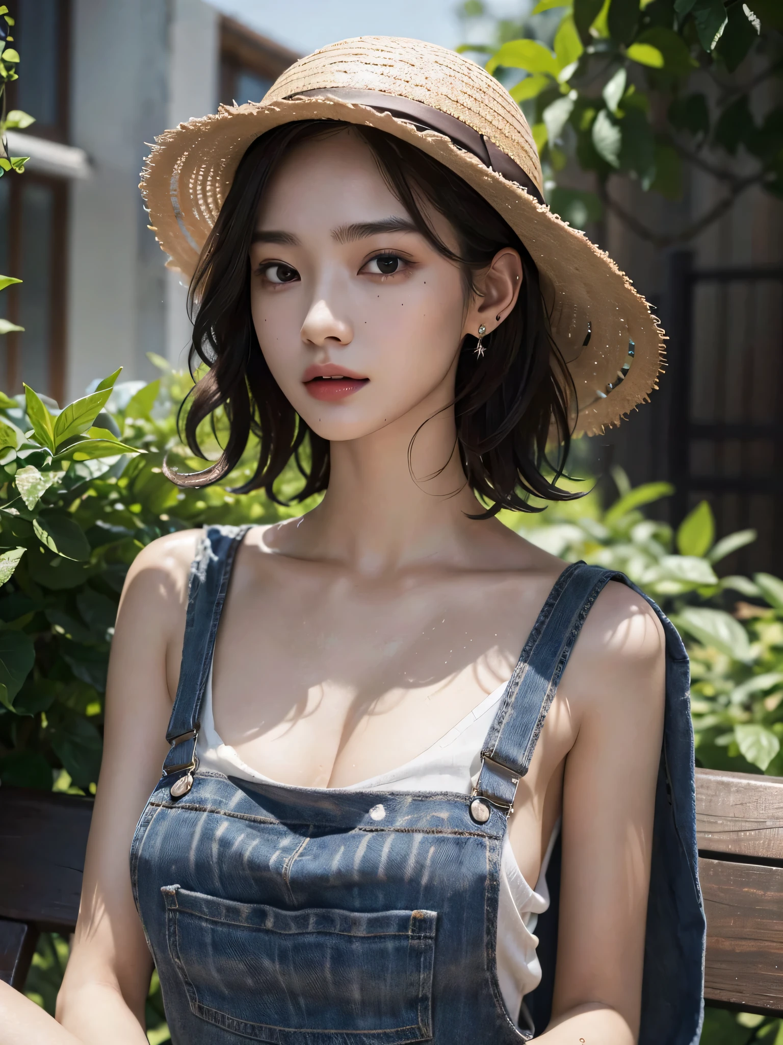 absurdres, RAW photo, extremely delicate and beautiful, masterpiece, Best Quality, ultra high resolution, 32k, hyperrealistic, ultra-detailed, perfect anatomy, perfect figure, super Detailed skin, 20 years old, very Slim body, narrow waist, very small head, very small face, delicate facial features, tearful mole, earring, thin legs, bare legs, ((very huge round breasts)), short medium hair, ((wavy hair)), wet clothes, straw hat, gray overalls, inner white shirt,