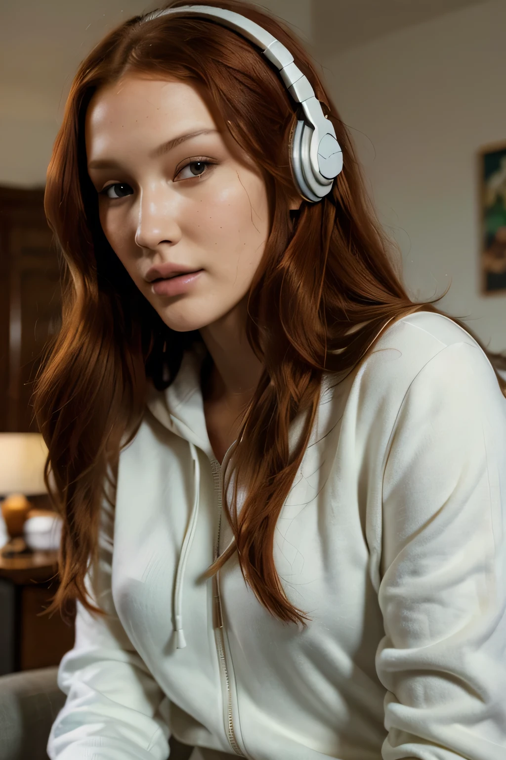 (bella hadid:1.1),beautiful detailed face,long red hair,long red-haired girl with green eyes,realistic photo,highres,ultra-detailed,photorealistic,vivid colors,bokeh,concept artists, in his living room, headphones on, white hoodie, front photo, eyes looking at the camera, selfie arm holding the lens