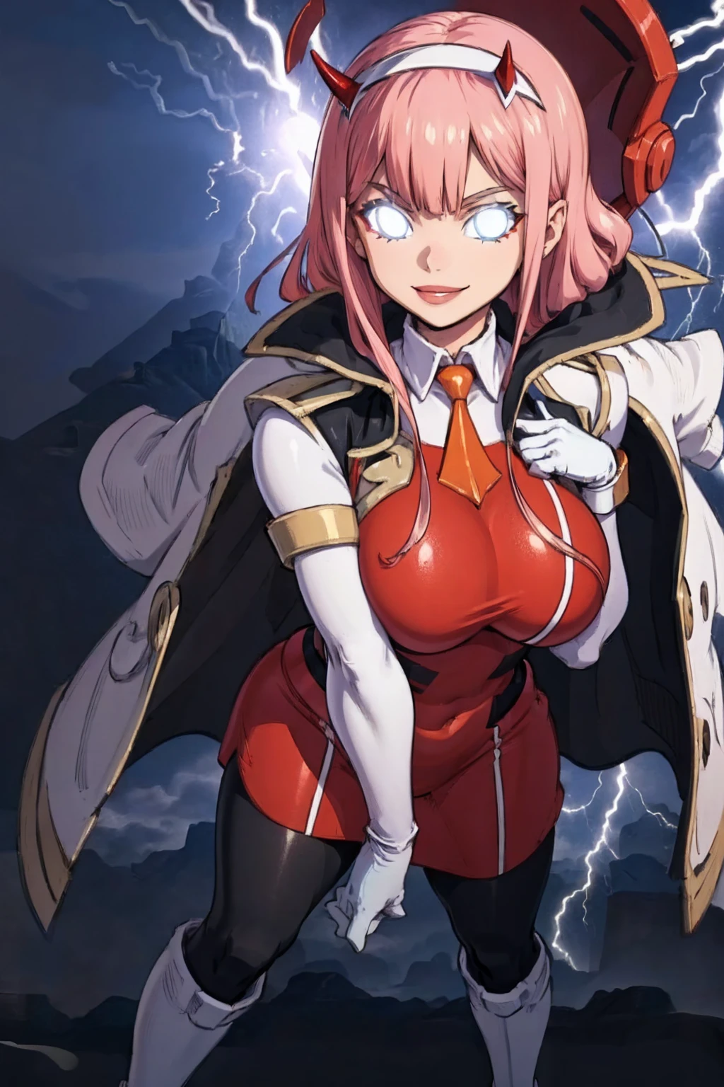 masterpiece, best quality, IncrsLowTier, electricity, glowing eyes zerotwo horns, hairband, necktie, red dress, pantyhose horns, hairband, red bodysuit, armlet, mecha horns, hairband, white bodysuit, white gloves, cap, red dress, white gloves, jacket on shoulders, pantyhose, cyber_armor body_suit,huge_breast, tall female, fulll body, sun light, smile,, sun aura,, boots, standing, smile, lips, red lips,,,{best quality}, {amazing quality} {best quality},{amazing quality},, {absurdres},{{highres}}, {very aesthetic}, {detailed}, curvy, tall, huge breast, character focus, white background,full-length portrait,, huge hips, huge muscles, huge thighs, curvaceous, venus figure,full body, full portrait, smile, happy, blue eyes ,joyfull,sun halo