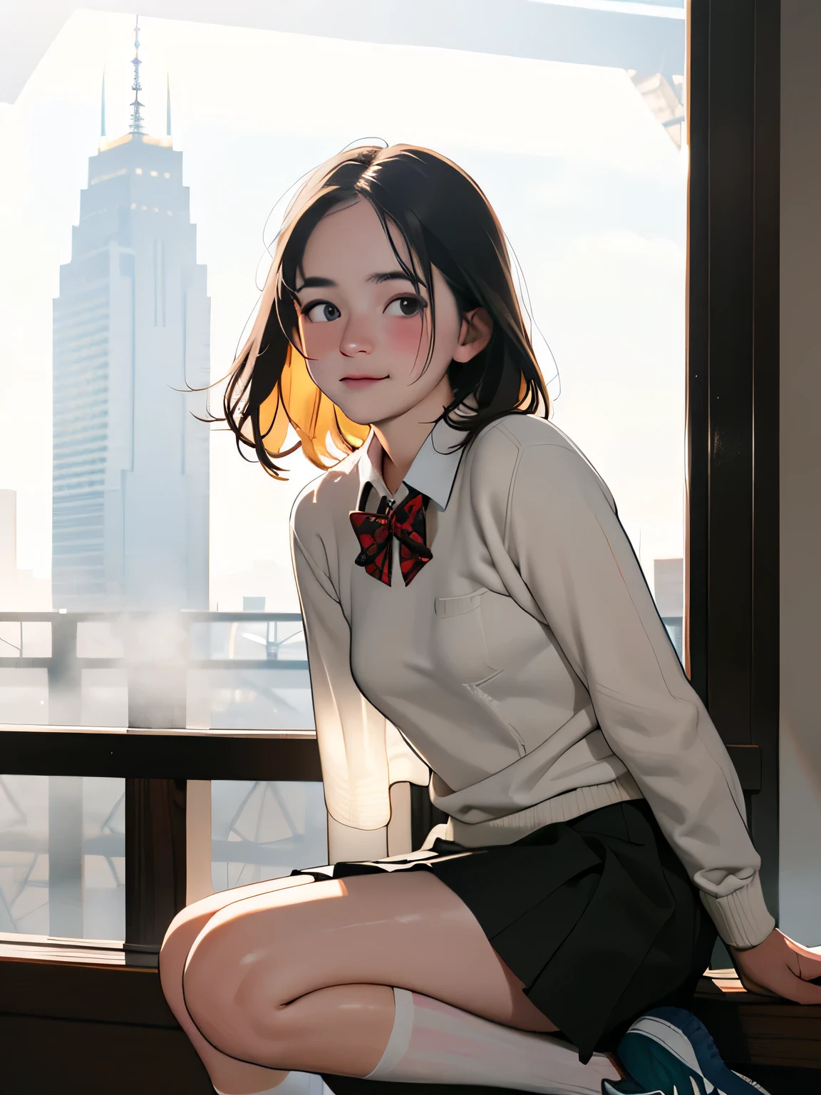 A swedish, American, german, young woman, 20yo, downtown, in large metropolis, collared shirt, sweater, pleated skirt, chuck taylor shoes, smirk ((heavy gaussian blur)), ((soft lighting)), (((extremely hazy:1.2))),, (extremely bright), (dreamy atmosphere), bright vivid colors,