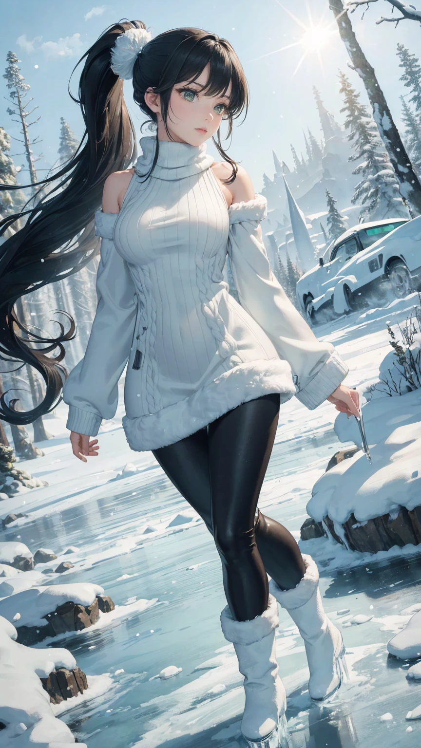 (masterpiece, best quality, high resolution, ultra-detailed), (beautiful and aesthetically pleasing: 1.2), 1 woman, adult, female focus, perfect body, ((black hair)), (( long wavy ponytail hair)), (((green eyes))), ((big ice castle)), full body, ice, icicles, snow, snowdrifts, frozen river, the sun reflects off the ice, long sweater dress, shawl, leggins, fur-trimmed boots, winter forest