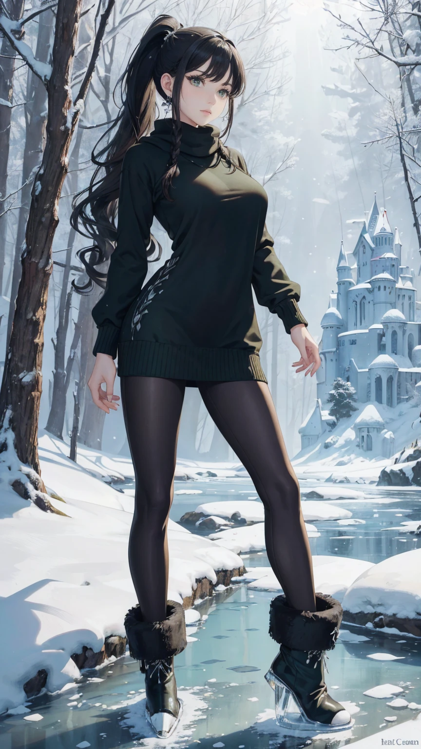 (masterpiece, best quality, high resolution, ultra-detailed), (beautiful and aesthetically pleasing: 1.2), 1 woman, adult, female focus, perfect body, ((black hair)), (( long wavy ponytail hair)), (((green eyes))), ((big ice castle)), full body, ice, icicles, snow, snowdrifts, frozen river, the sun reflects off the ice, long sweater dress, shawl, leggins, fur-trimmed boots, winter forest