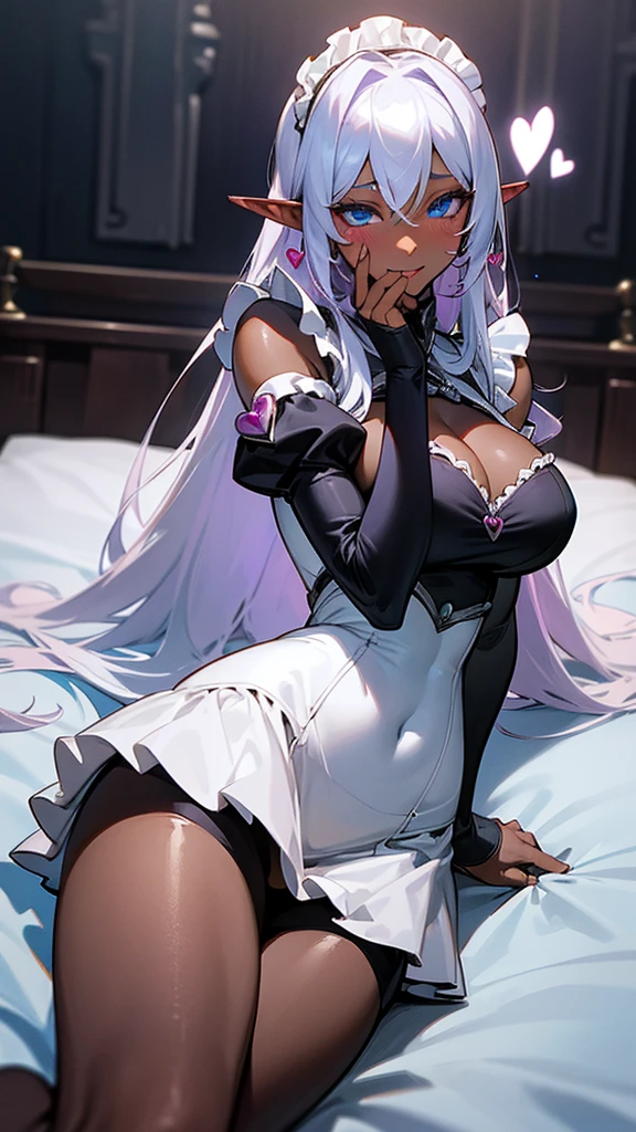best quality,4k,highres),ultra detailed,realistic:1.37, dark elf, dark skin,, magical collar, long white hair, long hair, blush, heart iris, heart eyes, big breasts, large breasts, slim body, medium body, deep blue eyes, slave, in a dark sex dungeon, on bed, submissive, shy, exposed, whispers of ecstasy, bound to her desire, shy, young, sexy, dainty body, maid costume, ta maid dress, detached sleeves, subtle smile, short dress, subtle smile, large butt, thicc thighs.