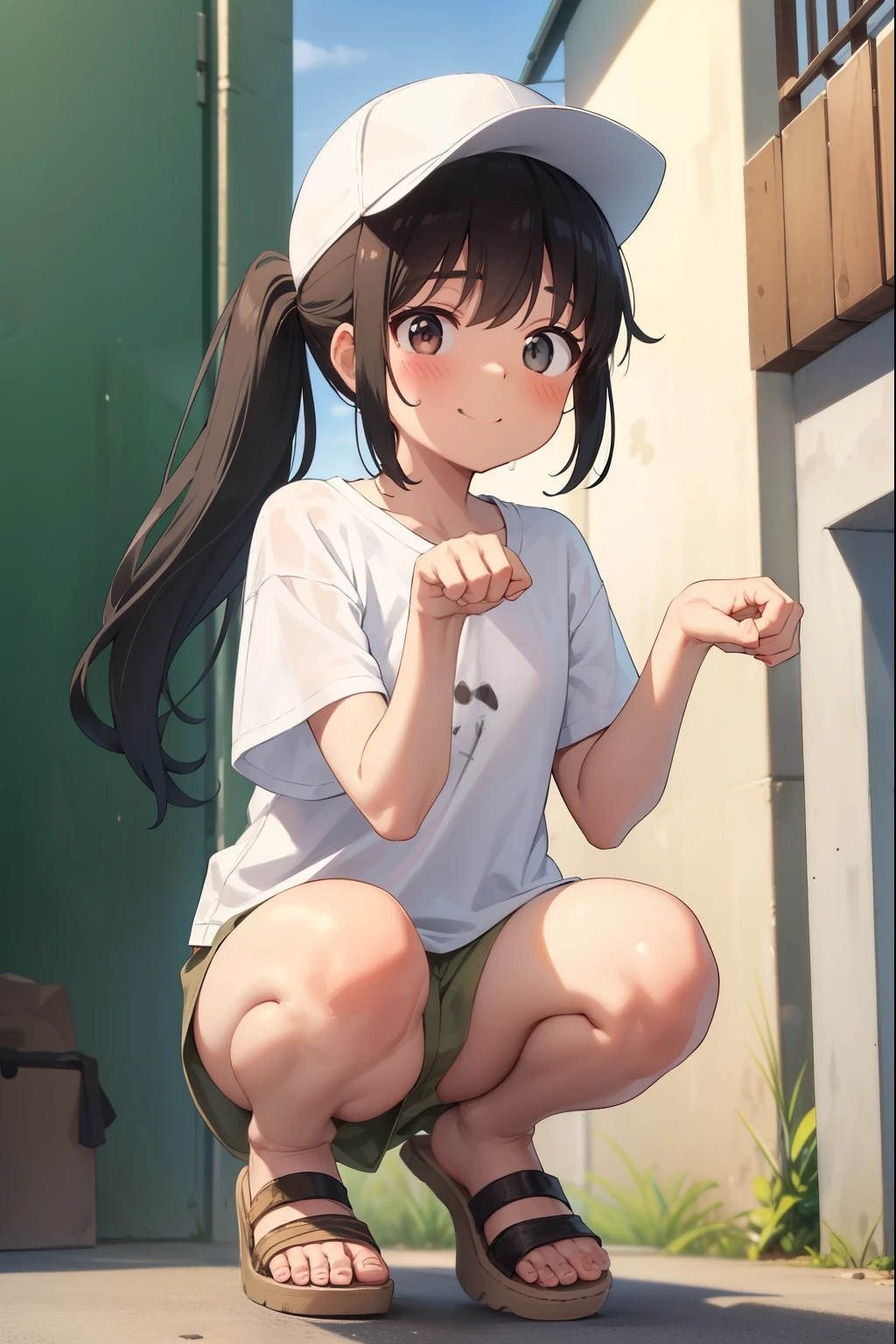 Residential Street,squat,1 ,ponytail,Black Hair,blush,smile,White T-shirt,Olive green shorts,Brown Sandals,White skin,summer,White cap,From below,Cat paw pose,Tempered,Surprised,shy,Sweat,Open your mouth,