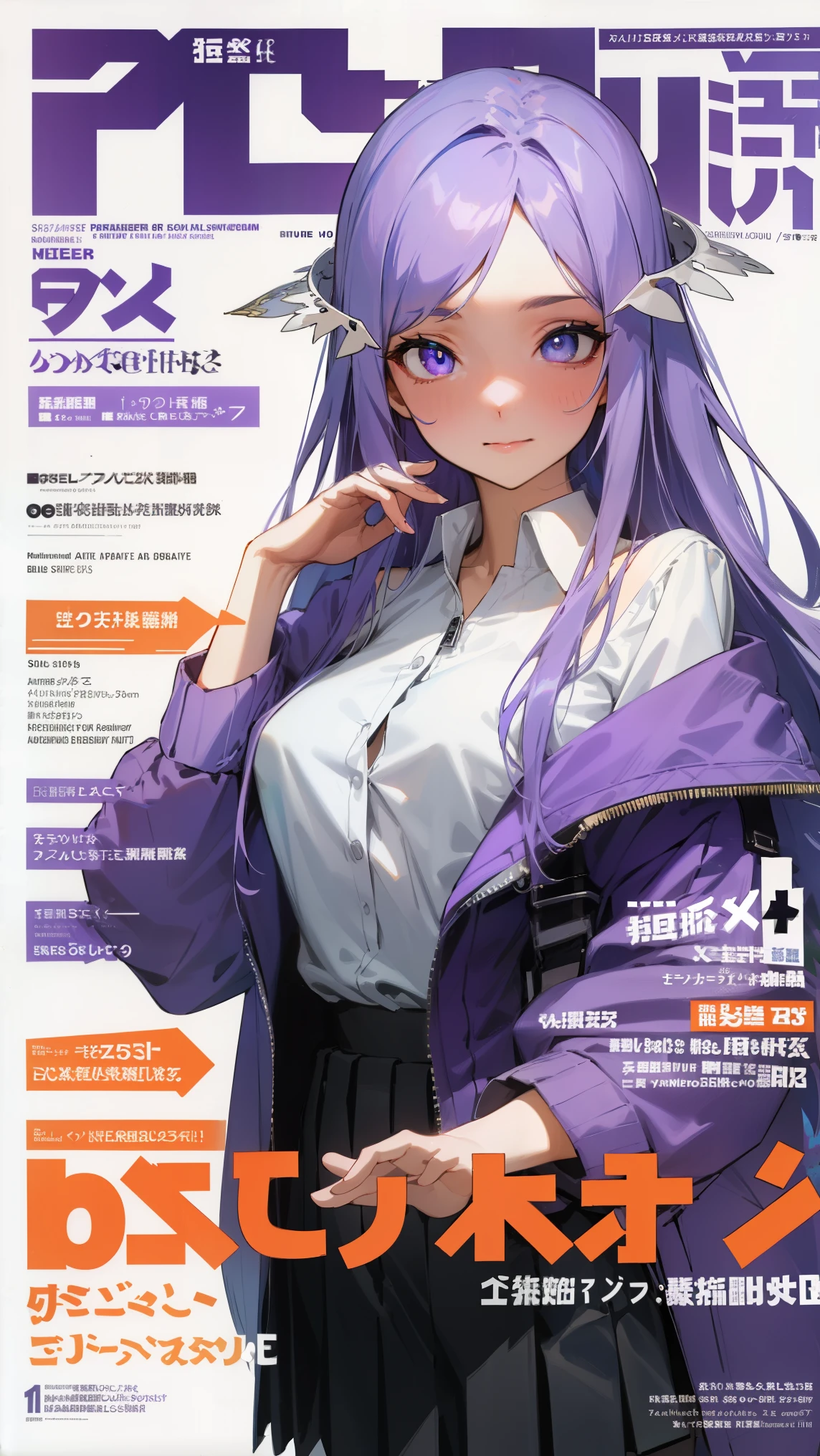 quinella, quinella, absurdly long hair, (purple eyes:1.1), long hair, parted bangs, purple hair, very long hair, hair ornament,medium breast,
BREAK (collared shirt, white shirt, off shoulder, purple jacket, partially unzipped, long sleeves, sleeves past wrists, pleated skirt, black skirt, pantyhose:1.2),
BREAK ((magazine cover)), lineart, colorful, magazine title, text,
BREAK (masterpiece:1.2), best quality, high resolution,NSW ,unity 8k wallpaper, (illustration:0.8), (beautiful detailed eyes:1.6), extremely detailed face, perfect lighting, extremely detailed CG, (perfect hands, perfect anatomy),