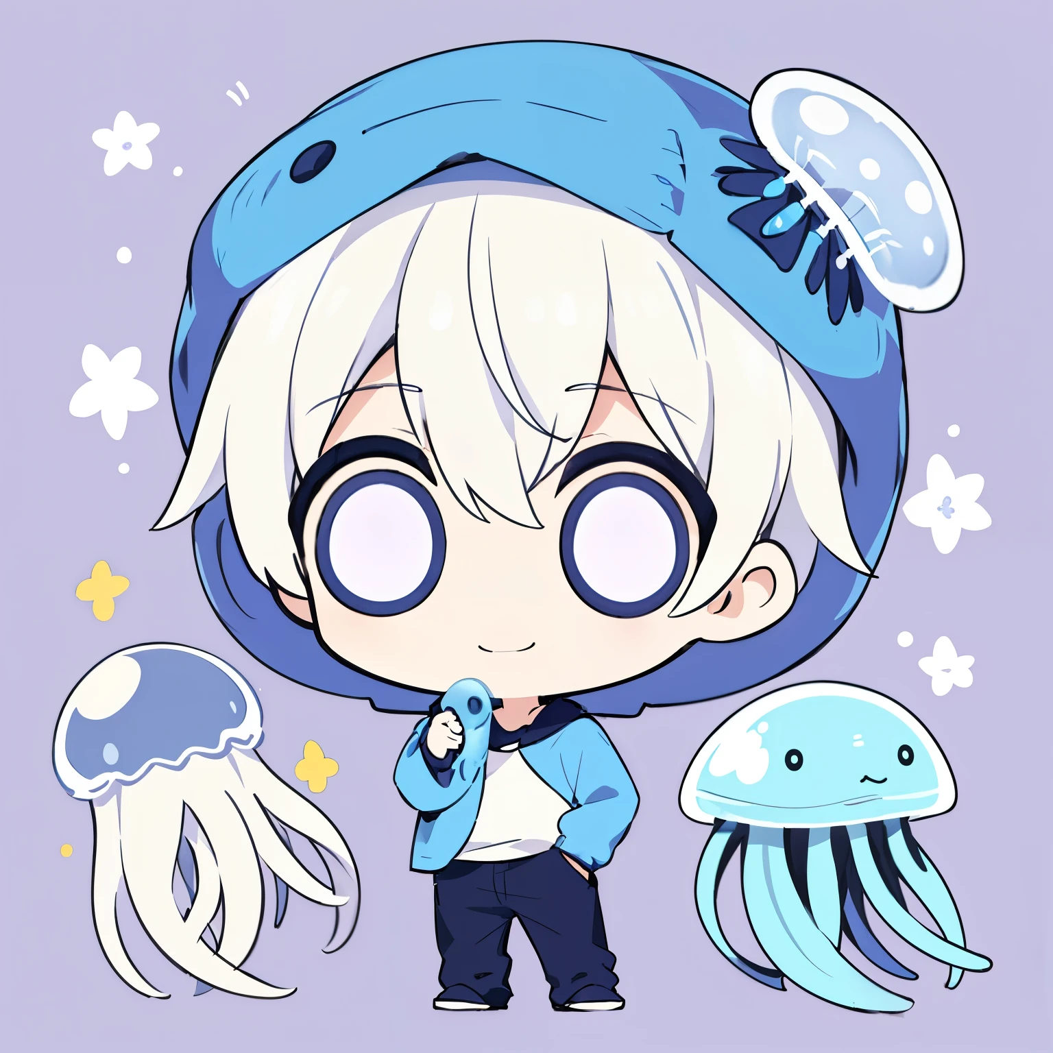 (high quality, thrilling),(expressive eyes, perfect face), (white hair), ((1 boy)), male, alone, short,  boy, (wearing a blue shirt), jellyfish background, purple eyes, (chibi:1.4), smile, (wearing a jellyfish hat)