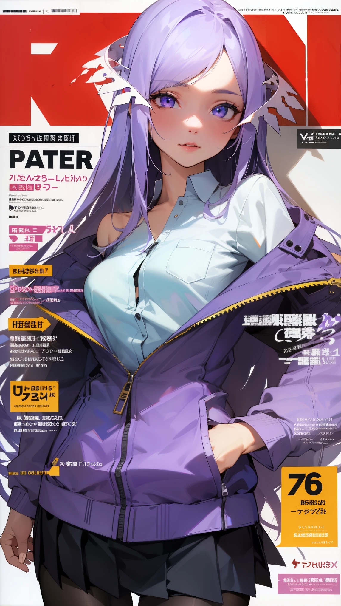 quinella, quinella, absurdly long hair, (purple eyes:1.1), long hair, parted bangs, purple hair, very long hair, hair ornament,medium breast,
BREAK (collared shirt, white shirt, off shoulder, purple jacket, partially unzipped, long sleeves, sleeves past wrists, pleated skirt, black skirt, pantyhose:1.2),
BREAK ((magazine cover)), lineart, colorful, magazine title, text,
BREAK (masterpiece:1.2), best quality, high resolution,NSW ,unity 8k wallpaper, (illustration:0.8), (beautiful detailed eyes:1.6), extremely detailed face, perfect lighting, extremely detailed CG, (perfect hands, perfect anatomy),