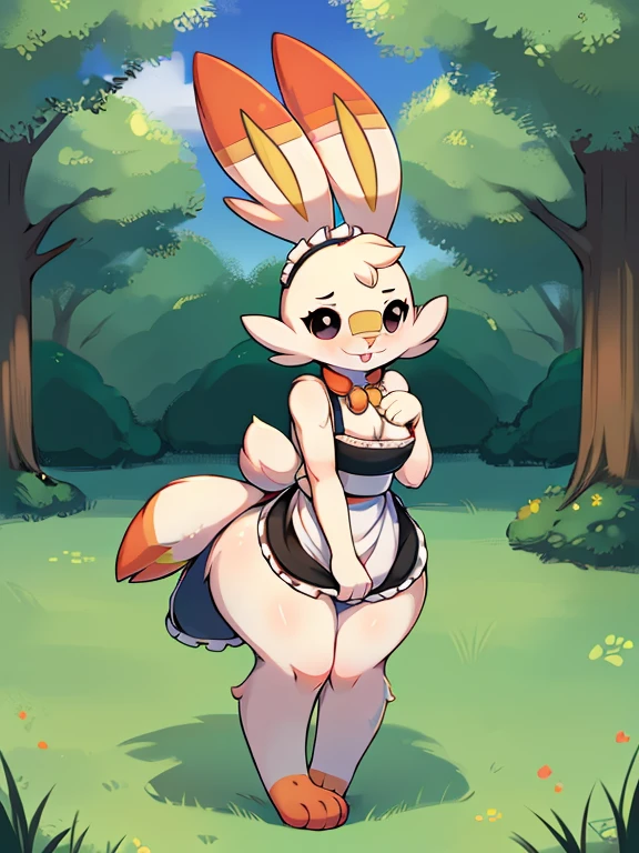 (baby scorbunny),(scorbunny Pokémon),(black eyes),((green park)), (anatomically correct) (Fluffy) (furry) (fuffy paws) (black pupils) ((full body)) (cute) (maid) (thicc) (hourglass figure)