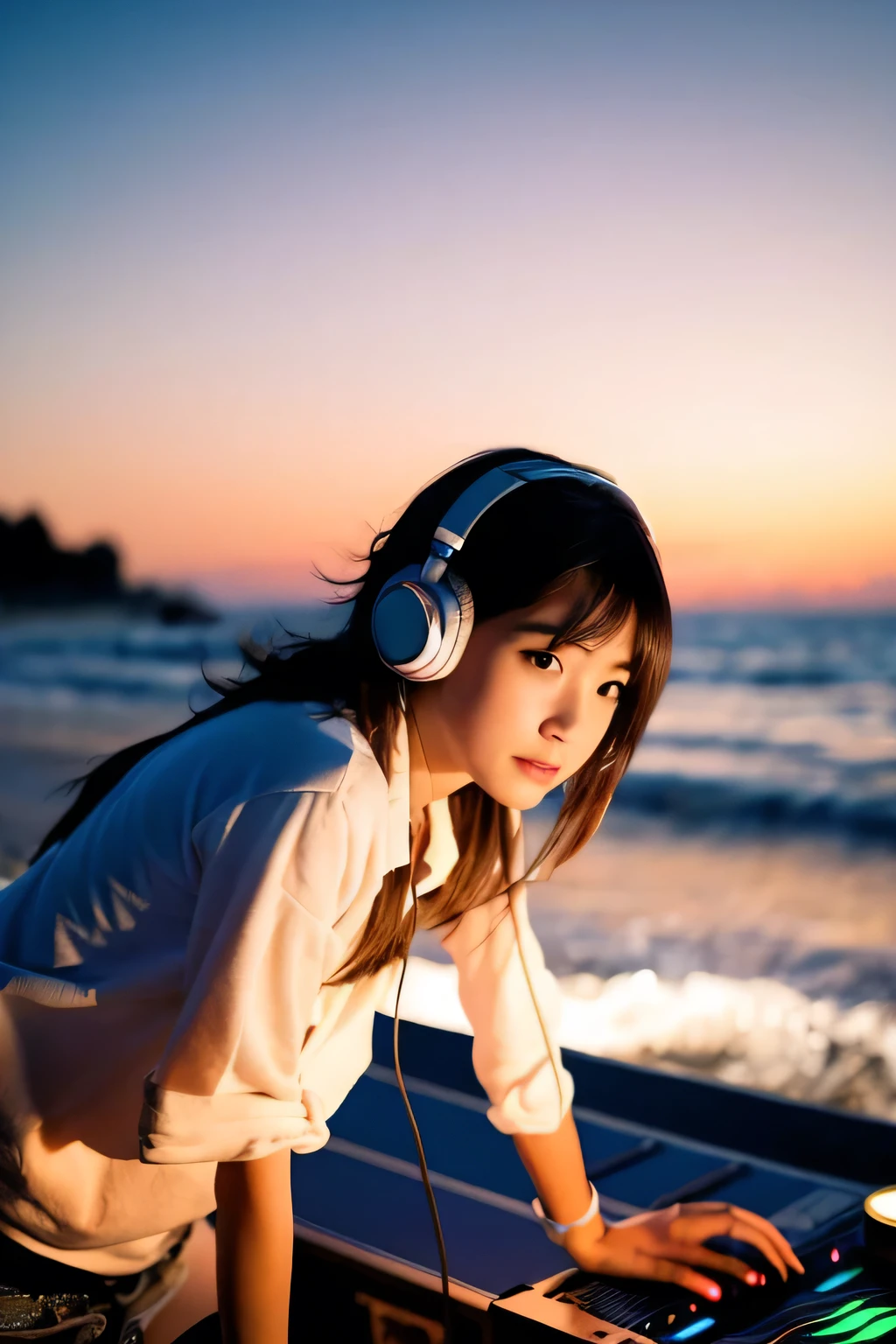 masterpiece、Animated image of a cute girl wearing headphones DJing on the beach at dusk