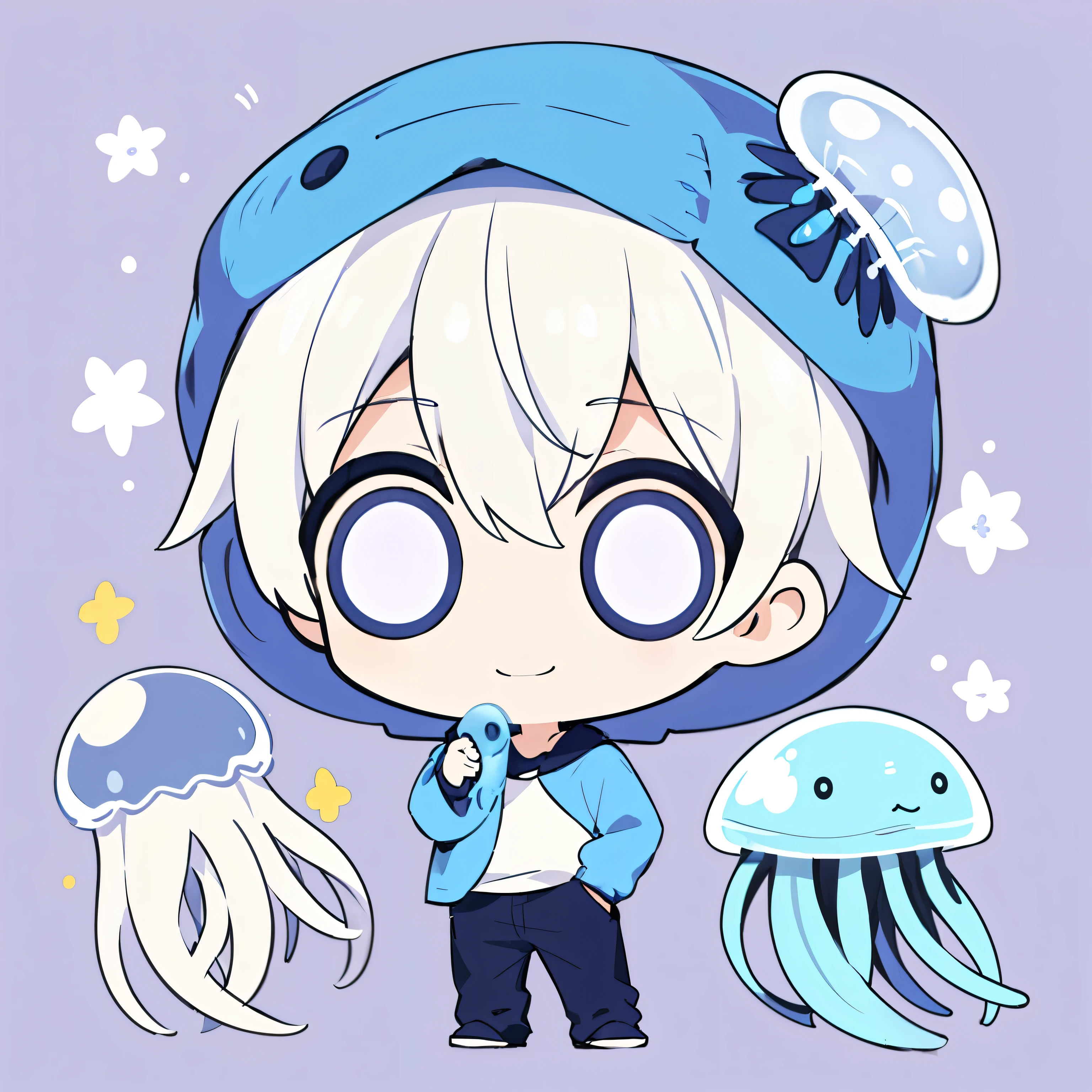 (high quality, thrilling),(expressive eyes, perfect face), (white hair), ((1 boy)), male, alone, short, little boy, (wearing a blue shirt), jellyfish background, purple eyes, (chibi:1.4), smile, (wearing a jellyfish hat)