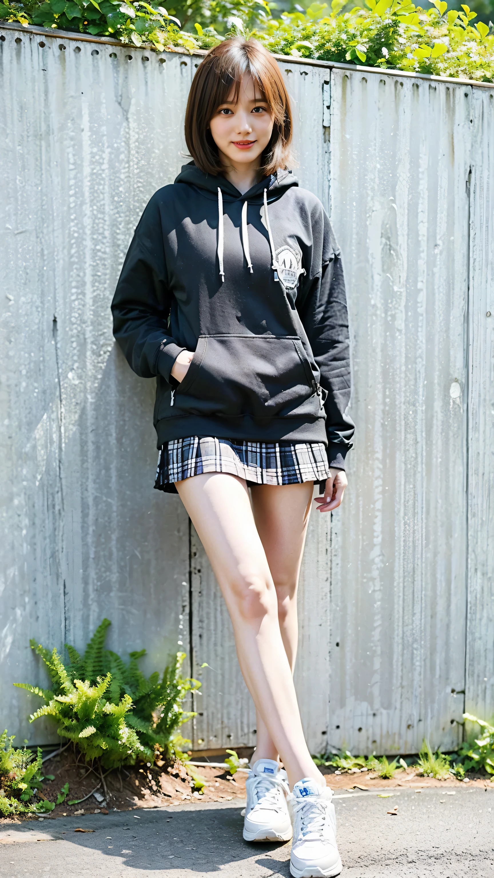 (8k、RAW Photos、highest quality、masterpiece:1.2)、(Realistic、Realistic)、1 girl、((Black hoodie、Check mini skirt、ribbon、sneakers、Large Breasts、smile、Medium Hair、View from the front、in the forest、Are standing))、Lots of eyelashes、Glowing eyelids、skeletally correct