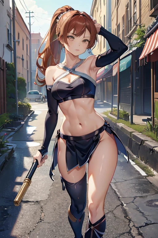 thynasha, 18yo girl Dark blue hair,long hair,ponytail,hair between eyes,bangs,outdoors,cityscape,standing,armor best,assault rifle,camouflage,holding weapon,load bearing vest,saide backpack,full body,best quality,masterpiece,highres,official art,extremely detailed cg unity 8k wallpaper(black beret, black jacket, open clothes, cleavage, midriff, black medium skirts, black thighhighs, thigh strap, fingerless gloves, single glove:1.2), Photo,sharpness, F1.6 lens,hyper-realistic textures,spectacular light textures, Cinestil 800 Fashion Mechanics,(((Beautiful woman with left leg restrained , hand hung by chains))),Appearance,Beautiful girl with accentuated slender abs: 1.1,six-pack abs: 1.1, Bust Botox,Standing on tiptoe, long legs,Long brown hair fluttering in the wind,Brown hair, Long hair, Female Warrior Costume,(No panties,No bra),(tacticul battle fashion,elbow and knee tacticul battle fashion, battle glove: 1.1),((cute batre costume)),The belly comes out and the navel is visible,Thin sheer costume, combat gloves,shredded costumes,cyber long combat boots with golden knee pads,Anatomical,(futuristic sci-fi battle fashion, new elbow and knee cyberpads, new cyberlong boots, new cybergloves: 1.1),(tied perfectly by iron chain), Restraint, Slave, collars, contempt, (Chained), 4 chains hung from heaven, Metallic shackles and fetters, wet crotch clearly visible,((Hands are restrained above the head)), the neck is chained,Chain from left knee to heaven,Chained by rusty iron chains,((the tip is protruding, areolas protruding,The shape of the pubic harearea is clearly visible:1.2)),Sweating,Wet,Wet crotch,Wet thighs,Junkyard, Realistic, (cute, perfect clothes, skimpy clothes, cute: 1.3) ,Vast miritary base in us,((wide mirtary hospital with summer sunlight)), peeling ceilings, Rebar between, Realistic material details, Extreme details, Ultra-realistic materials,narrow waist,(Sexy belly,Constricted hips, beautiful medium ass:1.5),(with sparkling eyes and a contagious smile:0.9)