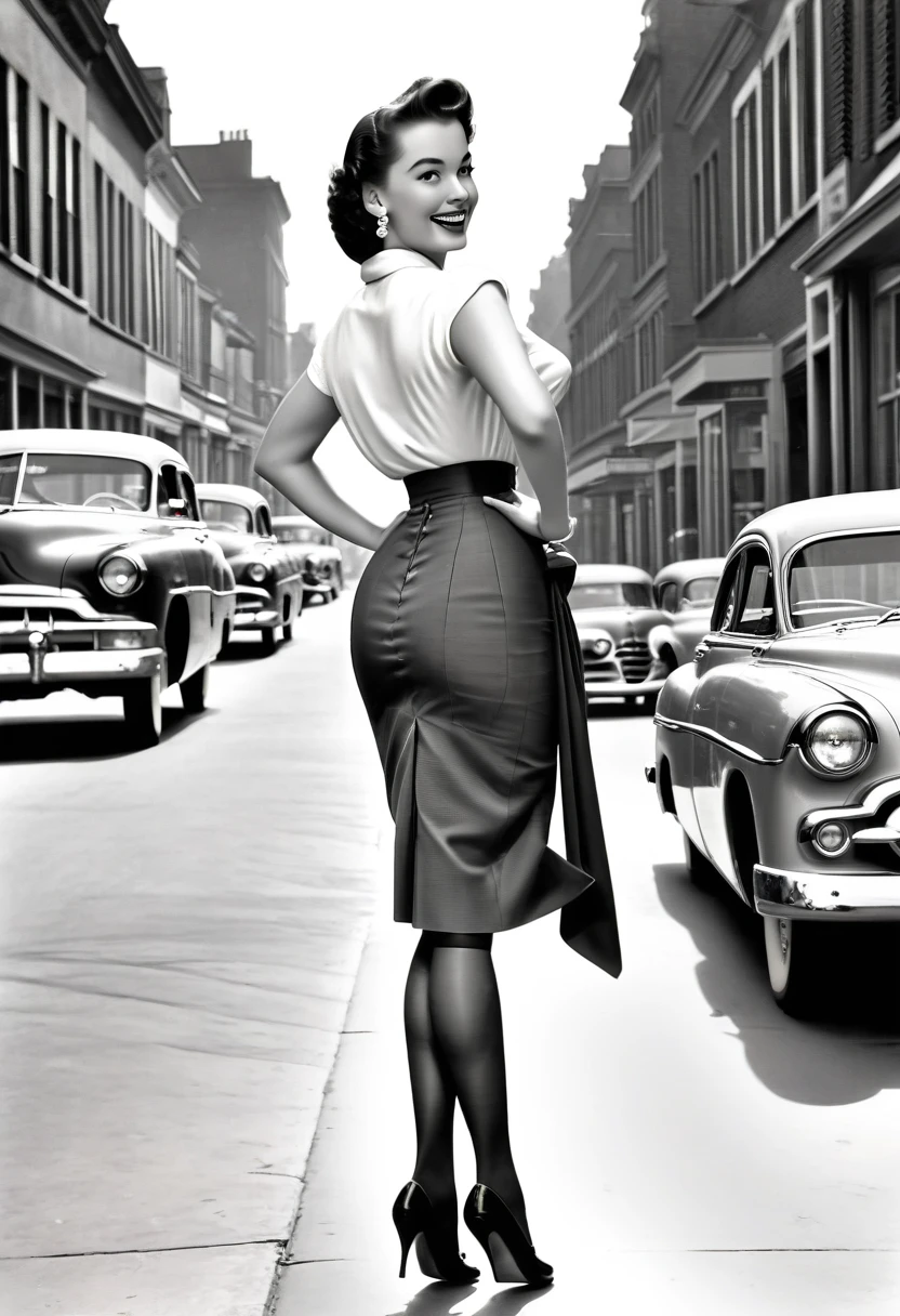 In a lively street scene from the 1950s, a stunning woman is crossing the street, (((wearing a knee-length skirt))) that accentuates her curves, and a form-fitting blouse that highlights her ample bosom, supported by a bullet bra, (((The seams of her alluring stockings draw attention))) as she smiles over her shoulder in response to a whistle from behind. The woman embodies a classic pin-up figure, with a dazzling smile and confident demeanor. Her hair is perfectly styled, complemented by matching accessories like earrings and a necklace. As she crosses the street, her skirt lifts slightly in the breeze, further accentuating her feminine contours. In the background of the street scene, additional pedestrians and classic cars contribute to the ambiance of the 1950s. The scene exudes charm and elegance, with the woman confidently and coquettishly displaying her beauty. This image captures the timeless glamour and flirtatious atmosphere of the 1950s. The scene evokes a nostalgic mood, perfectly encapsulating the beauty and dynamics of the era. The viewer is transported to a bygone era of style and elegance, with the woman's seductive allure taking center stage, from behind, wideankle shot, (view from behind:1.5),(whole person:1.5), vintage_p_style, tan nylons

