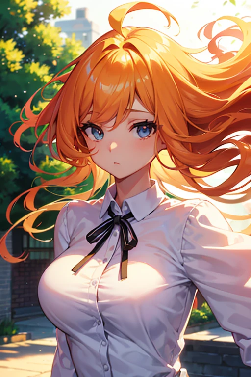 highest quality, One Girl, (Skin Hollow), (Large Breasts), (Day), bright, Background Blur, Outdoor, (street:0.6), (hair:1.5), (blouse:1.5), Nice, (hair Float:1.5), Soft Light, Wind, garden, street