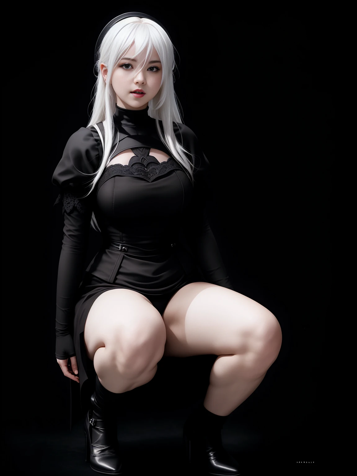 there is YoRHa No. 2 Type B squatting, white hair, alluring expression, very bold, upper visible, full body photo, standing legs apart, pale translucent glowing skin, most beautiful face, cute, ((dark plain black background:1.4))