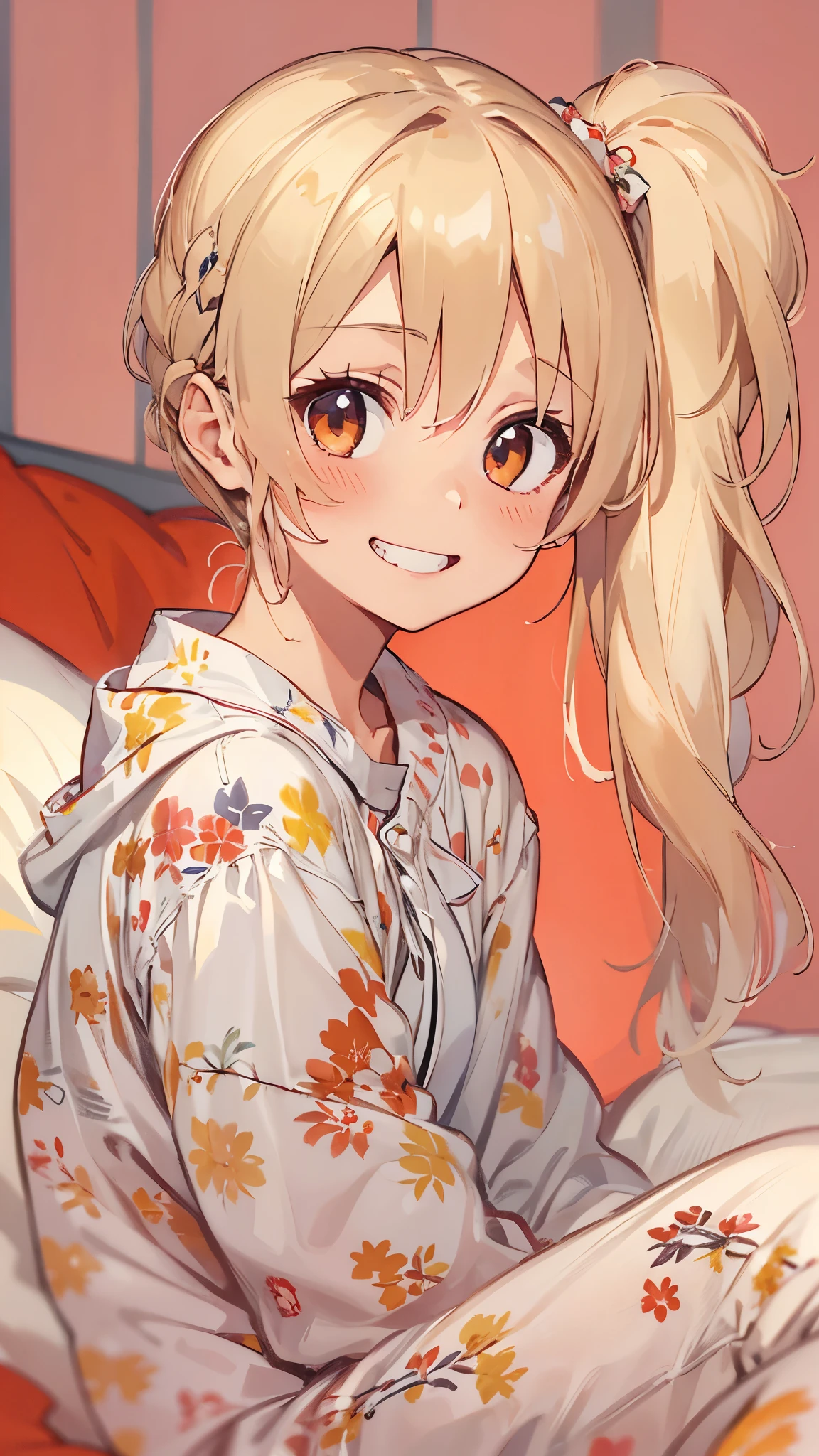 18-year-old girl sitting on bed、solo、Anime-style paintings、Wearing pajamas、Slim figure、Blonde ponytail、Ahoge、Beautiful red eyes、smile、smile、From the side、The soft texture of pajamas、Upper body close-up、Red and yellow based colors、Background blur、The depth of the drawn boundaries
