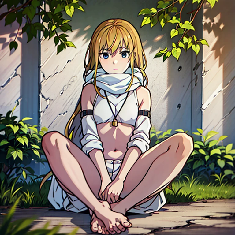 lucy from chrono ark, 1girl, solo, small breast, short height, soft smile, looking at viewer, blurry background, outdoors, full body, slim, ((masterpiece)), best quality, 4k, cinematic lighting, ray tracing, reflected light, panorama, high detailed illustration, high detailed background, hi-res, naked, no clothes, bare skin, no clothes, hand between legs, covering chest with arm, small round nipples, white scarf, legs together, sitting, bare feet, feet soles