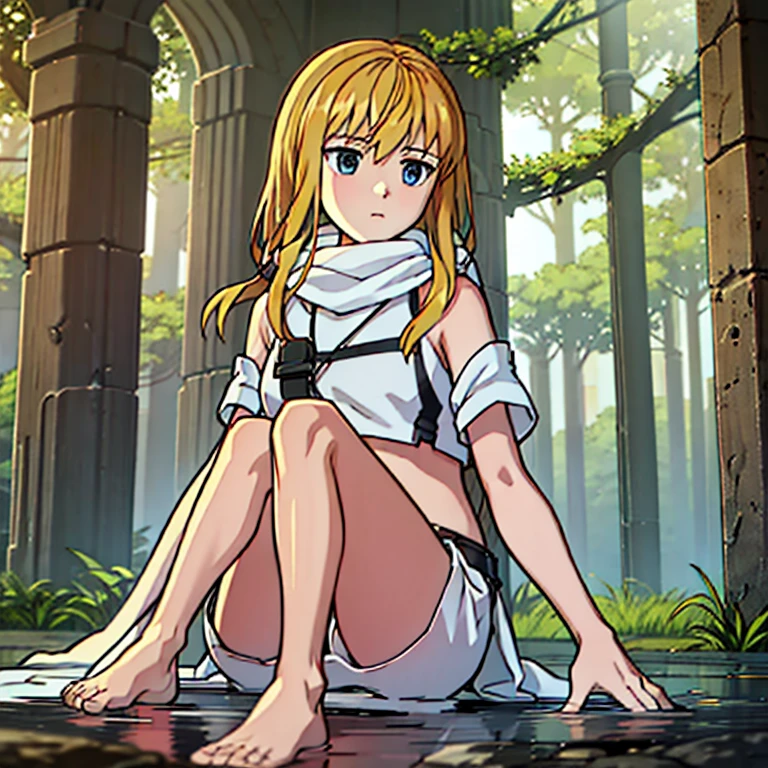 lucy from chrono ark, 1girl, solo, small breast, short height, soft smile, looking at viewer, blurry background, outdoors, full body, slim, ((masterpiece)), best quality, 4k, cinematic lighting, ray tracing, reflected light, panorama, high detailed illustration, high detailed background, hi-res, naked, no clothes, bare skin, no clothes, hand between legs, covering chest with arm, small round nipples, white scarf, legs together, sitting, bare feet, feet soles