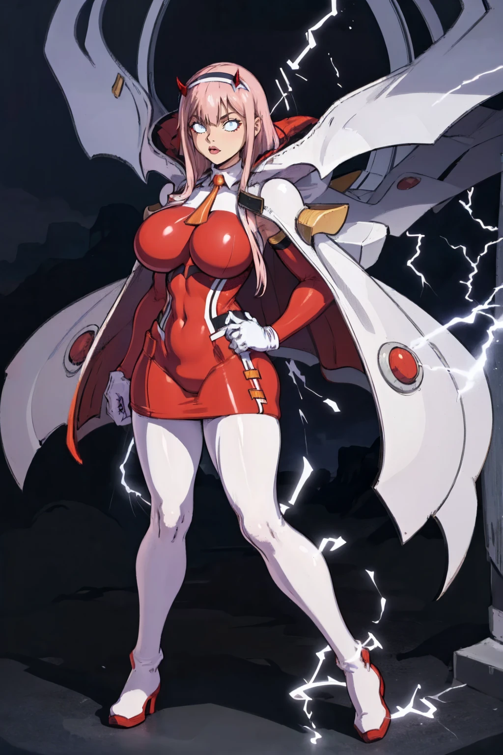 masterpiece, best quality, IncrsLowTier, electricity, glowing eyes zerotwo horns, hairband, necktie, red dress, pantyhose horns, hairband, red bodysuit, armlet, mecha horns, hairband, white bodysuit, white gloves, cap, red dress, white gloves, jacket on shoulders, pantyhose, cyber_armor body_suit,huge_breast, tall female, fulll body, sun light, smile,, sun aura,, boots, standing, smile, lips, red lips,,,{best quality}, {amazing quality} {best quality},{amazing quality},, {absurdres},{{highres}}, {very aesthetic}, {detailed}, curvy, tall, huge breast, character focus, white background,full-length portrait,, huge hips, huge muscles, huge thighs, curvaceous, venus figure,full body, full portrait