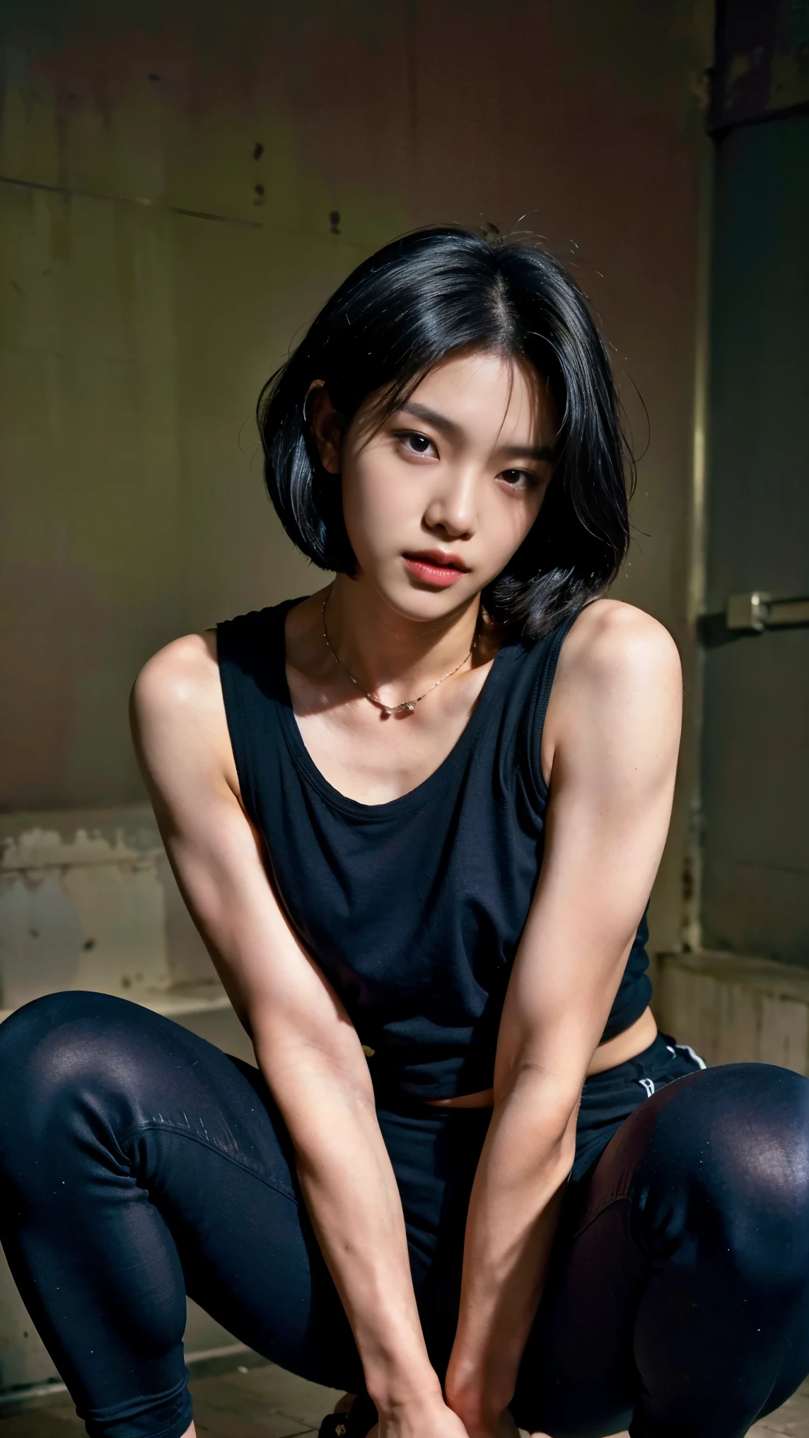 Realistic photos, 8k Crouching in the downtown area,Handsome young Korean tomboy with a bob cut,Chest is male,18-year-old,(Ultra-realistic), (figure), (High resolution), (8k), (Very detailed), (Best figure), (Beautiful fine details), (highest quality), (Super detailed), (masterpiece), (wallpaper), (Detailed face), ((whole body,Flat Chest,Slightly muscular)),alone,Black hair bob cut,(((Face is a girl,The body is a perfect man))), Black tank top,Training pants,Transgender,Korean,kpop