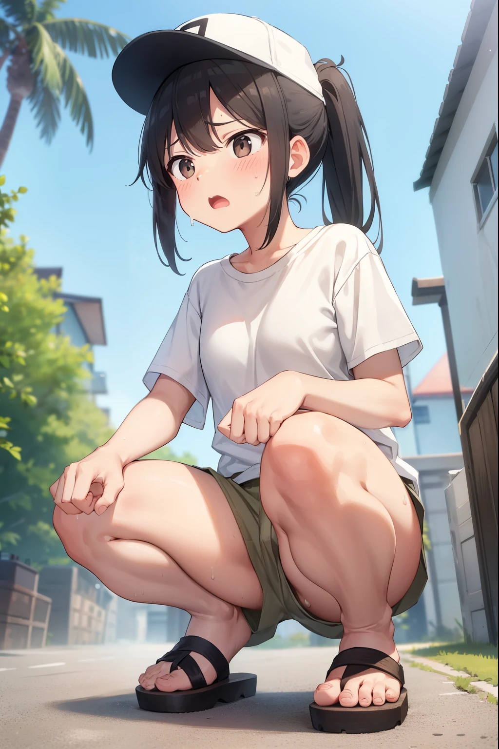 Residential Street,squat,1 ,ponytail,Black Hair,blush,White T-shirt,Olive green shorts,Brown Sandals,White skin,summer,White cap,From below,Cat paw pose,Tempered,Surprised,shy,Sweat,Open your mouth,