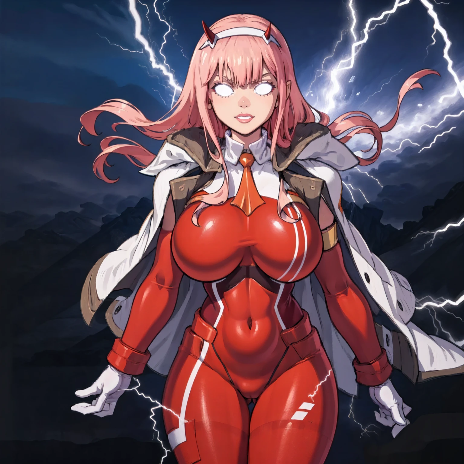 masterpiece, best quality, IncrsLowTier, electricity, glowing eyes zerotwo horns, hairband, necktie, red dress, pantyhose horns, hairband, red bodysuit, armlet, mecha horns, hairband, white bodysuit, white gloves, cap, red dress, white gloves, jacket on shoulders, pantyhose, cyber_armor body_suit,huge_breast, tall female, fulll body, sun light, smile,, sun aura,, boots, standing, smile, lips, red lips,,,{best quality}, {amazing quality} {best quality},{amazing quality},, {absurdres},{{highres}}, {very aesthetic}, {detailed}, curvy, tall, huge breast, character focus, white background,full-length portrait,, huge hips, huge muscles, huge thighs, curvaceous, venus figure,full body, full portrait