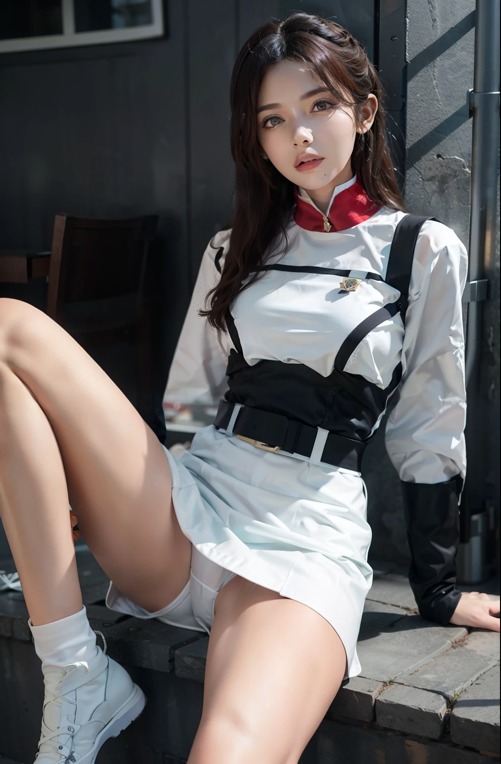 Realistic pictures、The real picture、Realistic,RAW Photos,Best image quality、1 girl, Sayla Mass, elegant,Spread your legs,White pantiesーを見せる, Tabletop, Complex,超ミニskirt、White panties、 Realistic, highest quality, Absurd, High facial detail, Perfect Eyes, 18-year-old, Cowboy Shot, , Bright colors, White Uniform, skirt