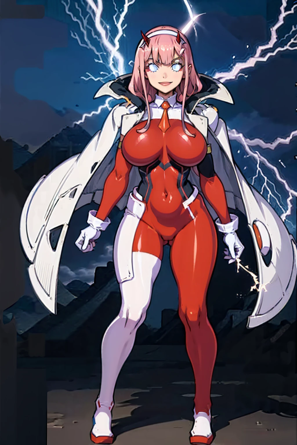 masterpiece, best quality, IncrsLowTier, electricity, glowing eyes zerotwo horns, hairband, necktie, red dress, pantyhose horns, hairband, red bodysuit, armlet, mecha horns, hairband, white bodysuit, white gloves, cap, red dress, white gloves, jacket on shoulders, pantyhose, cyber_armor body_suit,huge_breast, tall female, fulll body, sun light, smile,, sun aura,, boots, standing, smile, lips, red lips,,,{best quality}, {amazing quality} {best quality},{amazing quality},, {absurdres},{{highres}}, {very aesthetic}, {detailed}, curvy, tall, huge breast, character focus, white background,full-length portrait,, huge hips, huge muscles, huge thighs, curvaceous, venus figure,full body, full portrait, smile, happy, blue eyes ,joyfull,sun halo