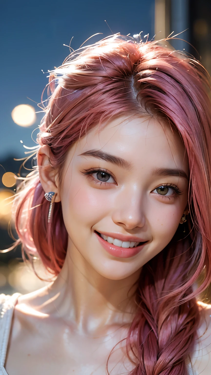 highest quality, masterpiece, Ultra-high resolution, (Realistic:1.4), (Close-up portrait) RAW Photos, 1 girl,20-year-old,((Smiling with teeth showing)),((Big smile))((Neon city at night)),((Wireless Earphones)),((Nose Piercing)),,((Passionate pink haired girl&#39;compensate)),((High Fashion)),Messy Hair,((Cap Chestnut)),((Short bangs)),Realistic,Image Media Chest)),