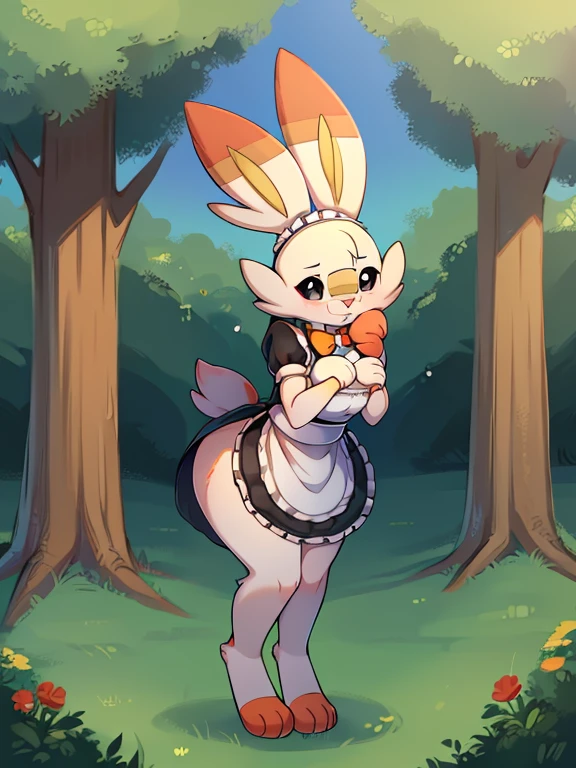 (baby scorbunny),(scorbunny Pokémon),(black eyes),((green park)), (anatomically correct) (Fluffy) (furry) (fuffy paws) (black pupils) ((full body)) (cute) (maid) (thicc) (hourglass figure)