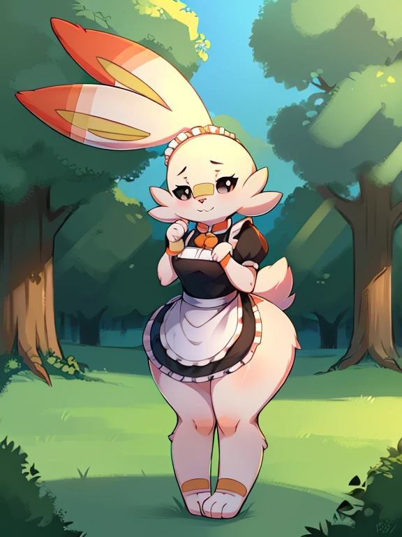 (baby scorbunny),(scorbunny Pokémon),(black eyes),((green park)), (anatomically correct) (Fluffy) (furry) (fuffy paws) (black pupils) ((full body)) (cute) (maid) (thicc) (hourglass figure)