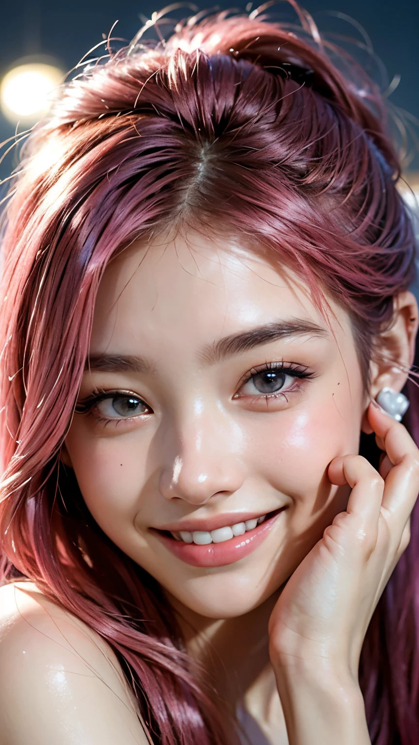 highest quality, masterpiece, Ultra-high resolution, (Realistic:1.4), (Close-up portrait) RAW Photos, 1 girl,20-year-old,((Smiling with teeth showing)),((Big smile))((Neon city at night)),((Wireless Earphones)),((Nose Piercing)),,((Passionate pink haired girl&#39;compensate)),((High Fashion)),Messy Hair,((Cap Chestnut)),((Short bangs)),Realistic,Image Media Chest)),
