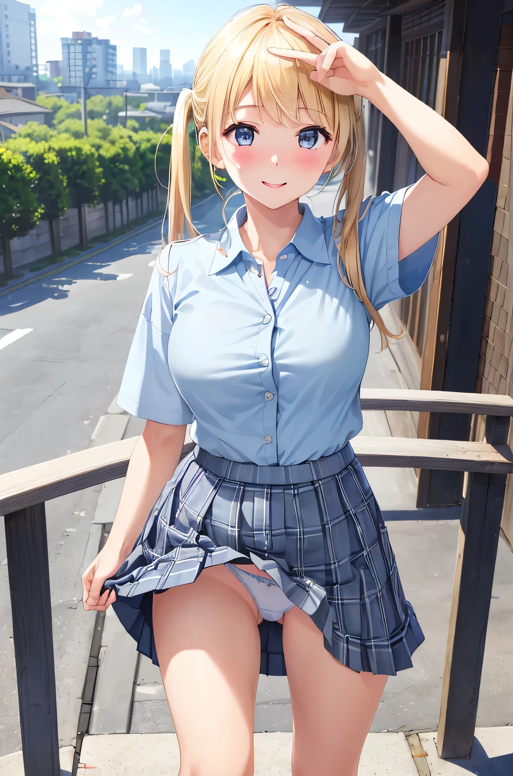 (Masterpiece:1.3、highest quality、Ultra-high resolution、Super detailed)、(Real:1.1、Photorealistic:1.4)、Beautiful illustrations、Perfect lighting、colorful、Border Depth、Beautiful hair in every detail、Beautiful face in every detail、Beautiful definition details、Beautiful clavicle、Beautiful body、Beautiful 、Beautiful thighs、Beautiful legs、Beautiful fingers、Show Viewer、1 girl、Japanese、high school girl、Perfect Face、(Perfect Anatomy、Anatomically correct)、Cute and symmetrical face、Baby face、Sunburn、Skin radiance、(Middle Hair:1.5、Twin tails:1.2、Blonde)、Asymmetrical Bangs、blue eyes、Long eyelashes、(Chest)、Skinny、(Pull up your skirt、Not wearing underwear、No underwear:1.5)、((Collared short-sleeved shirt、Light blue shirt、)Grey plaid pleated skirt、Navy ones))、(Beautiful views)、evening、(Outdoor、distant cityscape)、Are standing、(peace sign)、(Cute smile、Blushing、Looking up、Open your mouth)、 (Opening a girl's pussy:1our々squat:1.2、Stick yourngers in your:1.2、