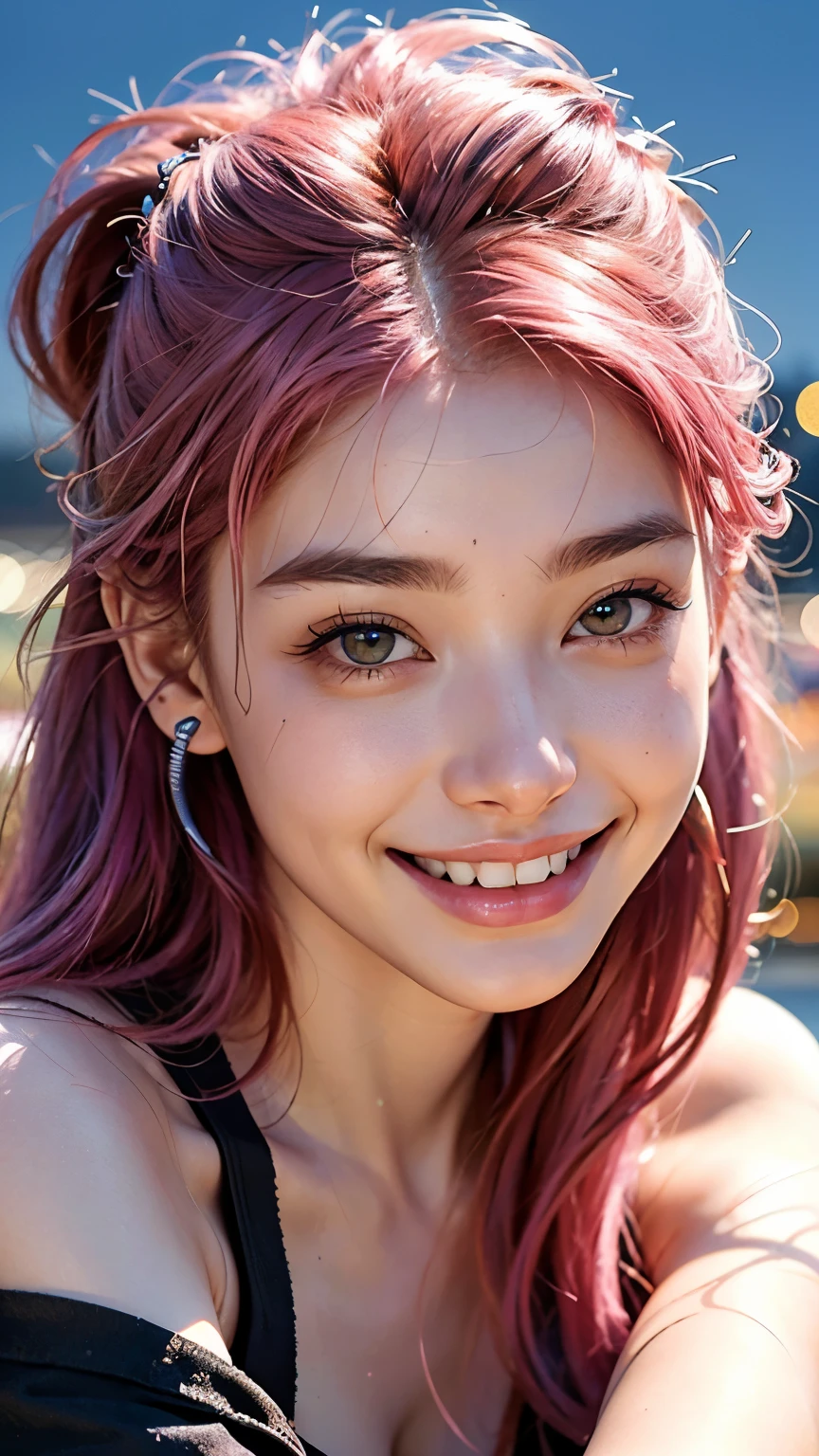 highest quality, masterpiece, Ultra-high resolution, (Realistic:1.4), (Close-up portrait) RAW Photos, 1 girl,20-year-old,((Smiling with teeth showing)),((Big smile))((Neon city at night)),((Wireless Earphones)),((Nose Piercing)),,((Passionate pink haired girl'compensate)),((High Fashion)),Messy Hair,((Cap Chestnut)),((Short bangs)),Realistic,Image Media Chest)),